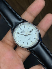 Super Gorgeous Seiko 5 White Dial Watch With Black Leather Strap.