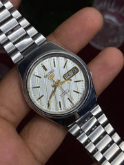 Seiko 5 — White & Gold Textured Dial | 36mm Japanese Automatic Watch.