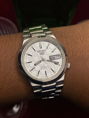 Seiko 5 White & Silver “Grid” — 7S26 Textured Dial Exhibition Automatic Watch.