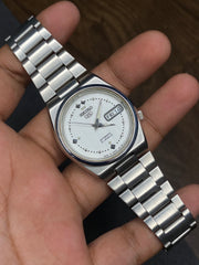 Seiko 5 — White Dial with Diamond Indices | 36mm Automatic, Exhibition Back Watch.