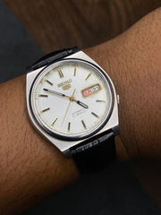 Vintage Seiko 5 Automatic White Dial Watch | Black Leather Strap | Ref. 7S26-0390 | Made in Japan