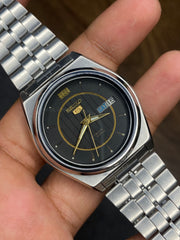 Seiko 5 — Matte Black & Gold Circle Dial | 38mm Japanese Automatic Watch.