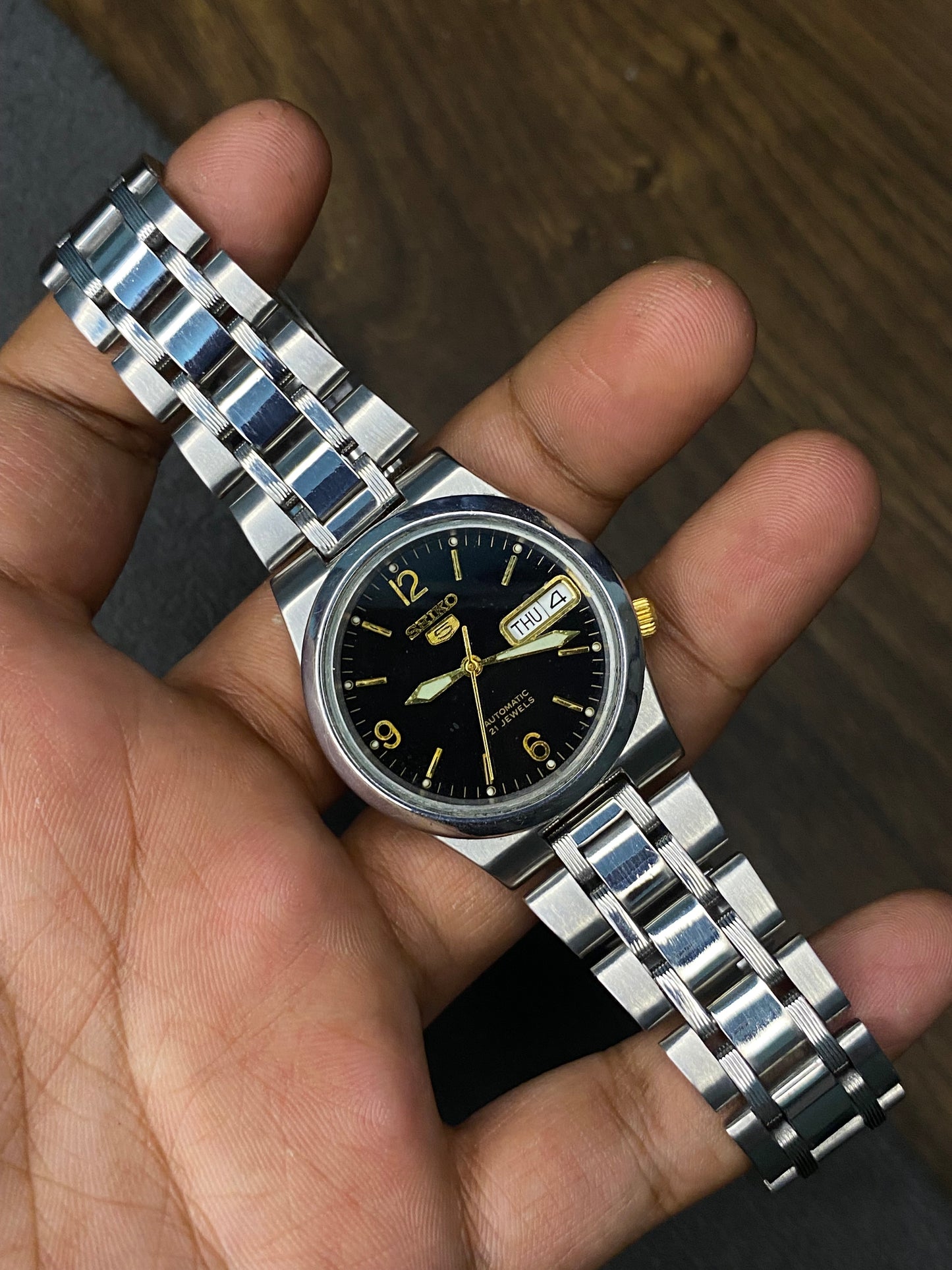Unique Seiko 5 “Explorer” Black Dial Watch with 6-9-12 Numeric & See-Through Back