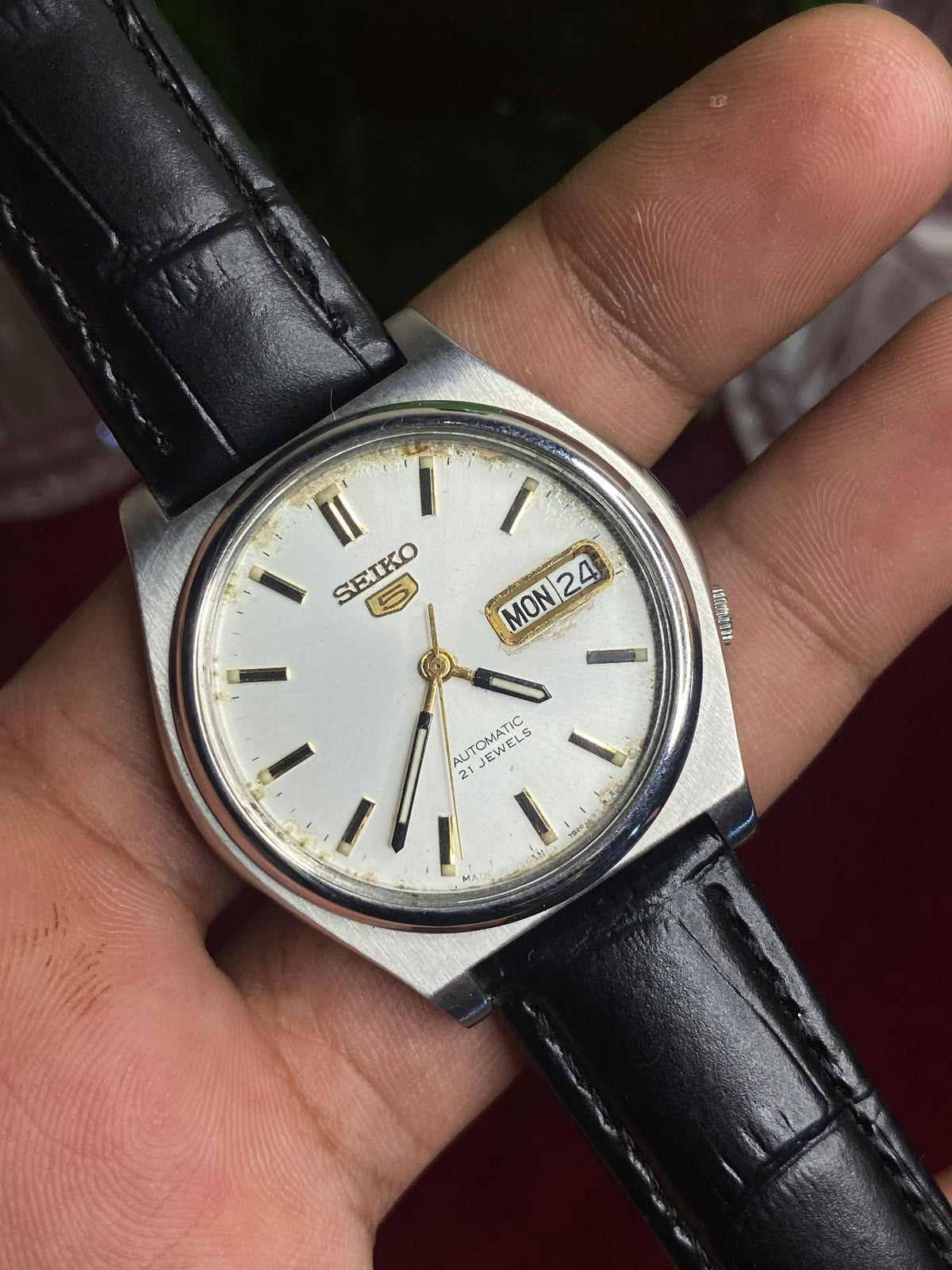 Vintage Seiko 5 Automatic White Dial Watch | Black Leather Strap | Ref. 7S26-0390 | Made in Japan