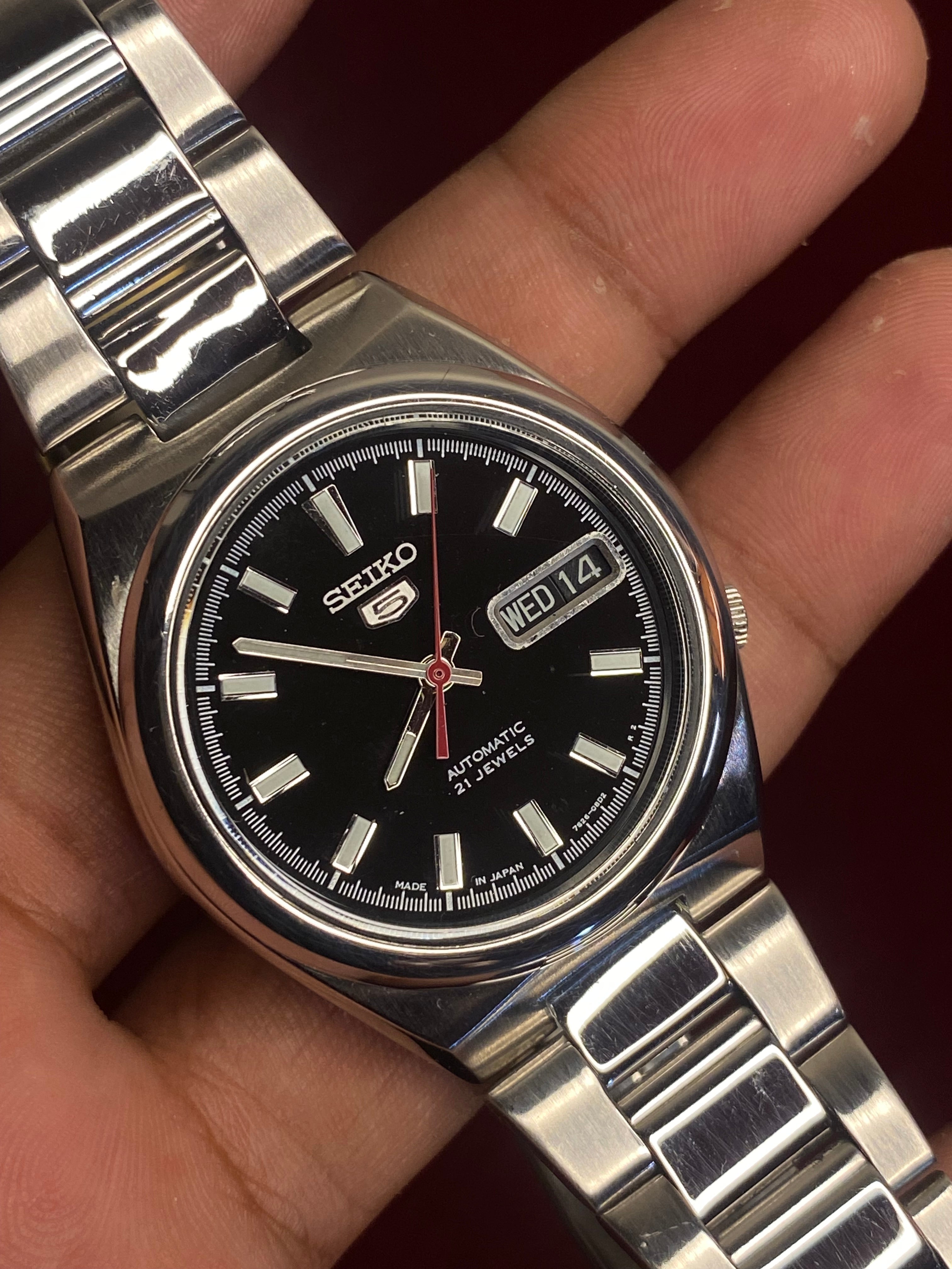 Seiko 5 SNKC55J1 — Black Dial, Red Seconds, Exhibition Caseback | Ref- 7S26-02P0.