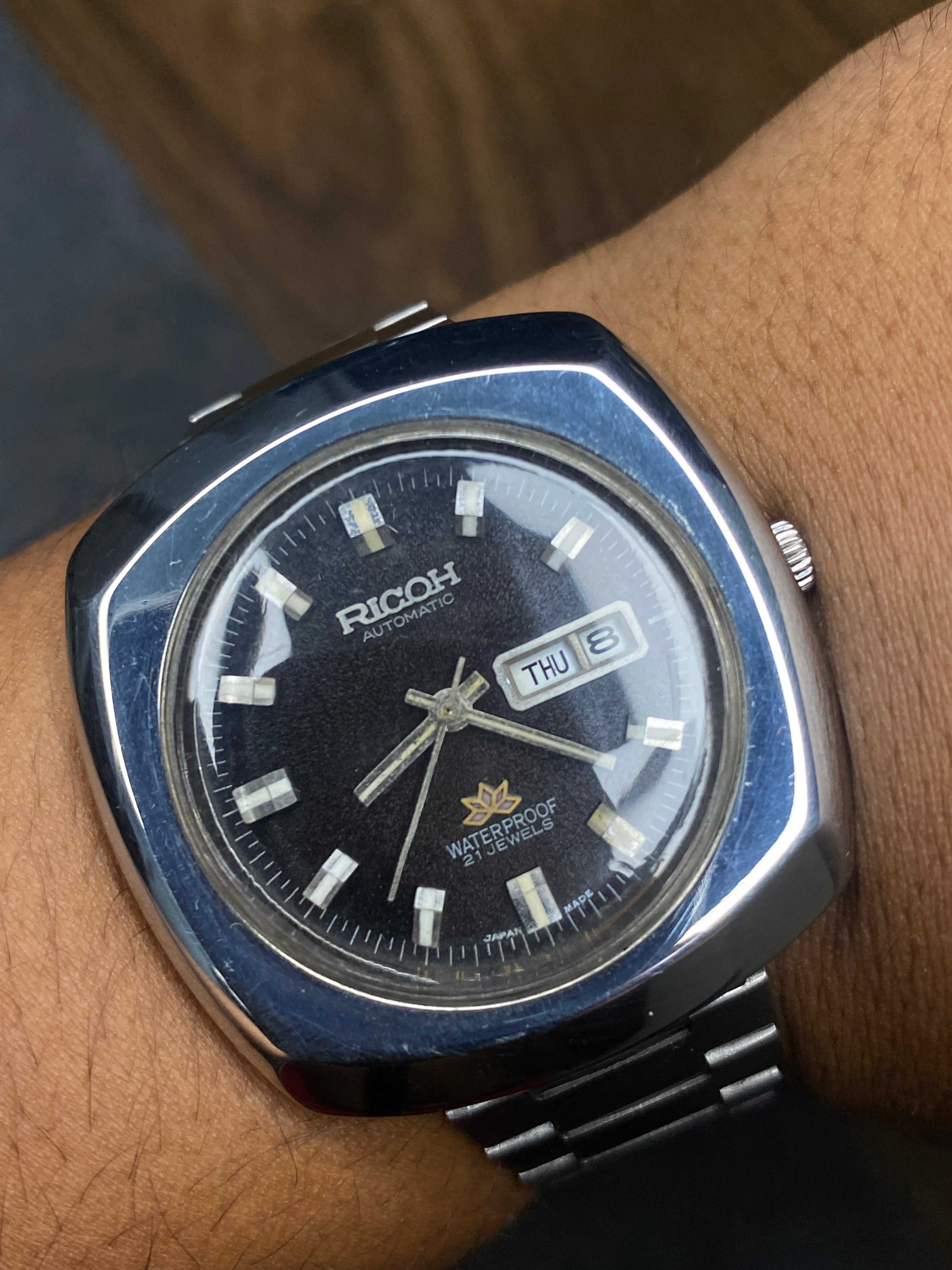 Ricoh Automatic — Black Sunburst Dial | 70s “TV-Shape” Japanese Cushion Watch.
