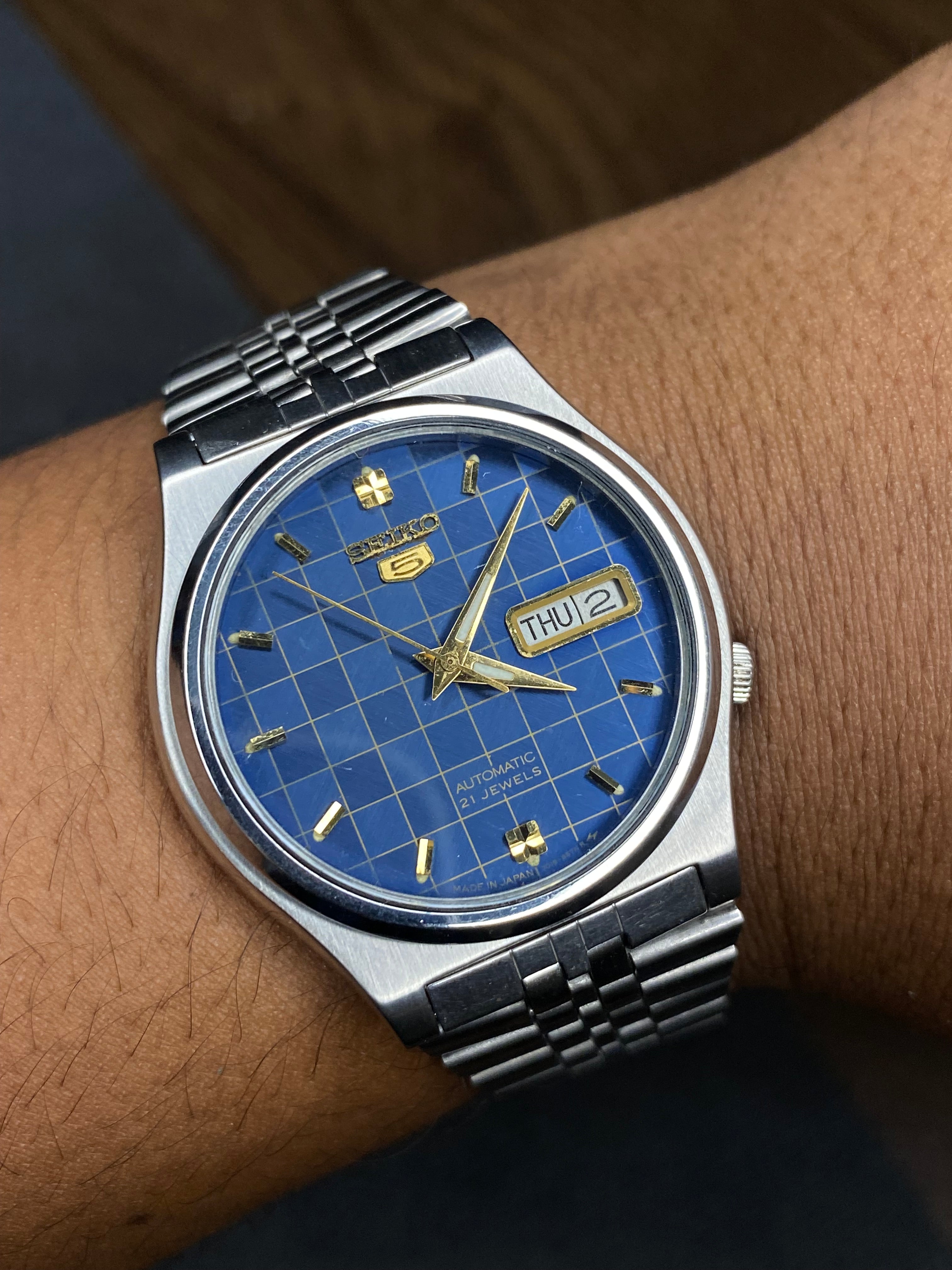 Seiko 5 — Blue Chessboard Dial | 38mm Japanese Automatic Watch.