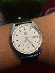 Seiko 5 — White Textured Dial | 38mm Japanese Automatic Watch With Leather Strap.