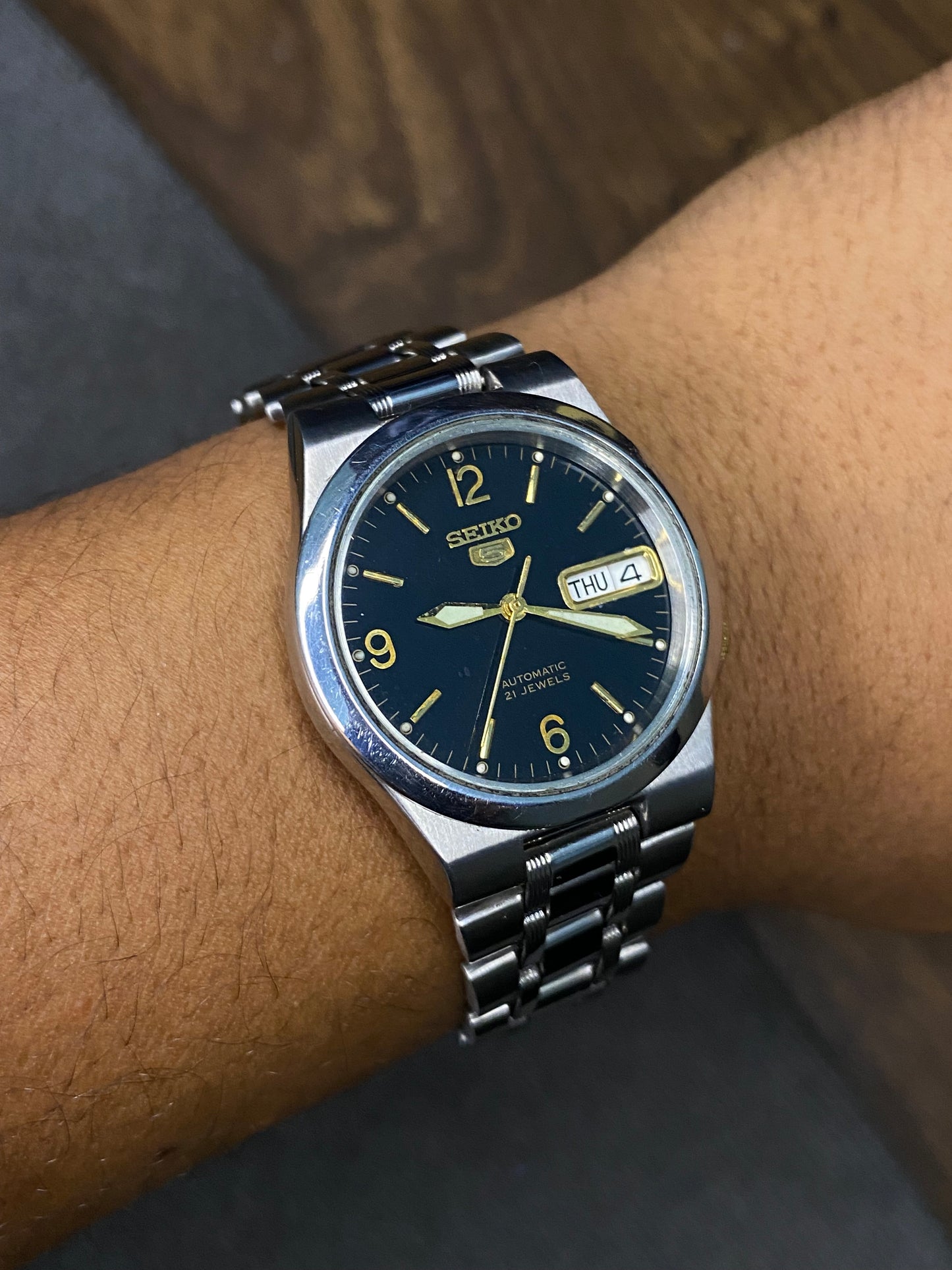 Unique Seiko 5 “Explorer” Black Dial Watch with 6-9-12 Numeric & See-Through Back