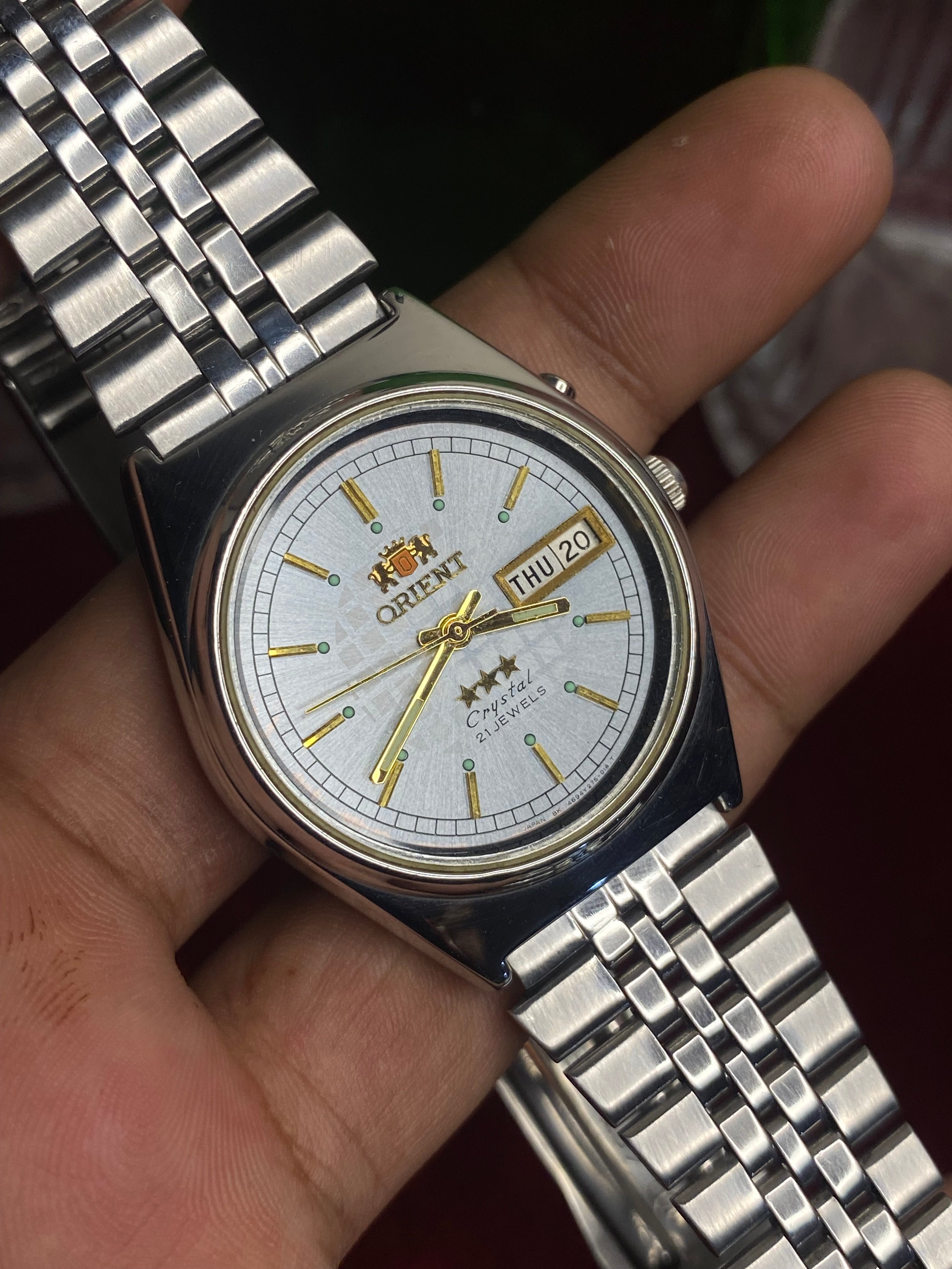 Orient Tri-Star — Silver Sunburst Checkered Dial | 37mm Japanese Automatic Watch.