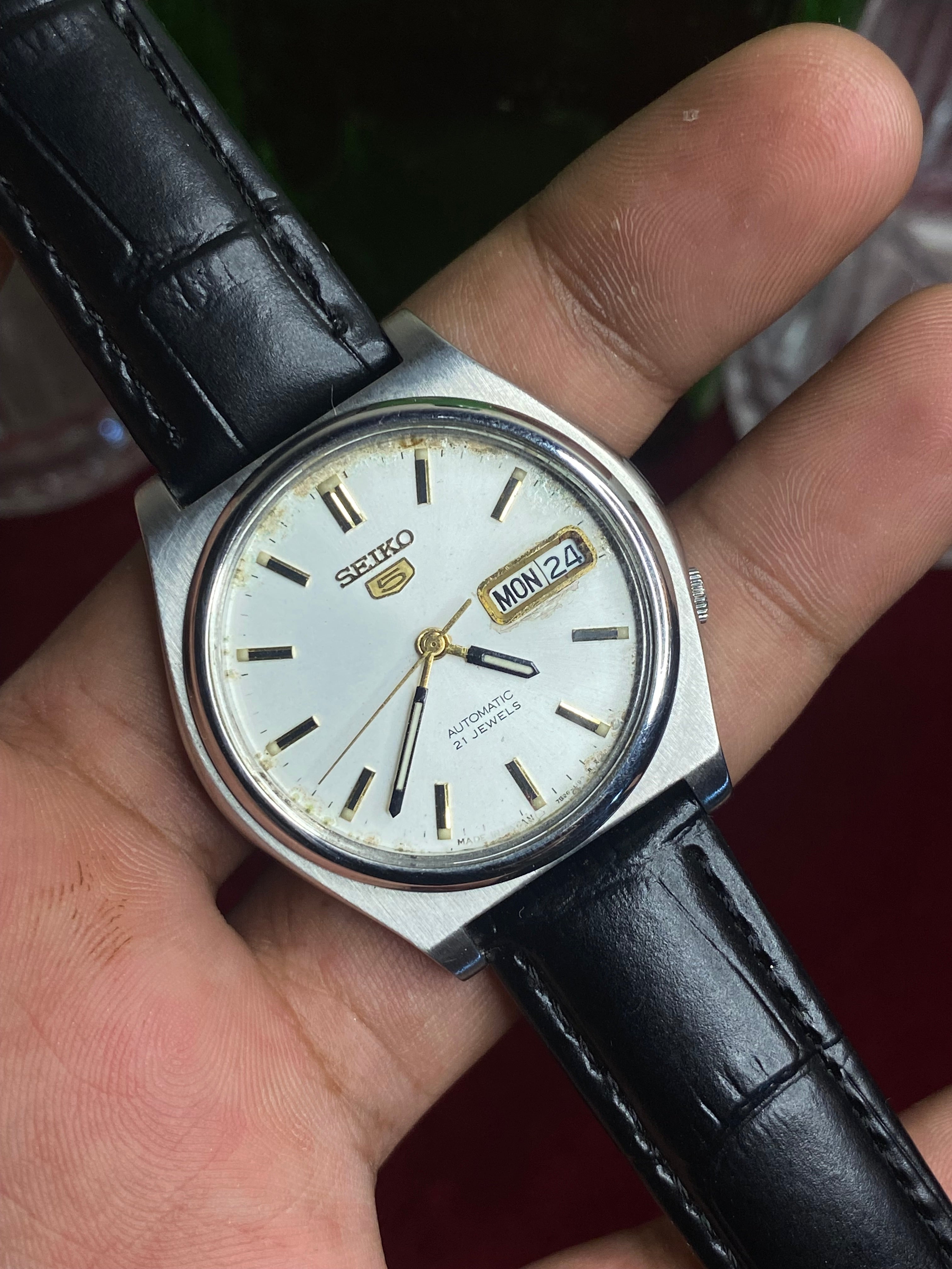 Vintage Seiko 5 Automatic White Dial Watch | Black Leather Strap | Ref. 7S26-0390 | Made in Japan