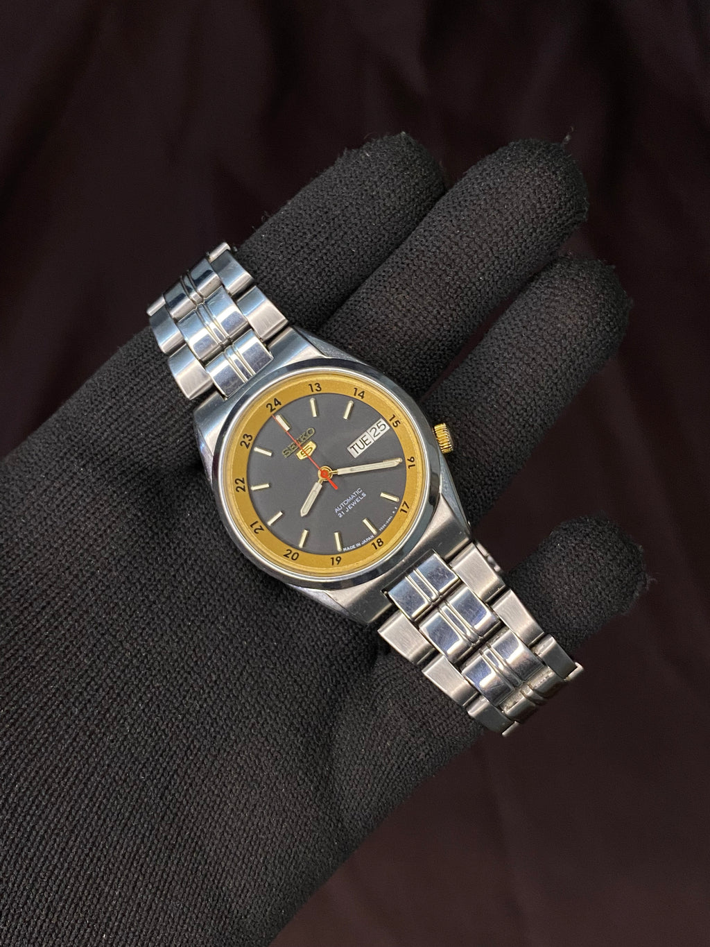 Seiko 5 Rare Black Golden Dial Railway time With Transparent back