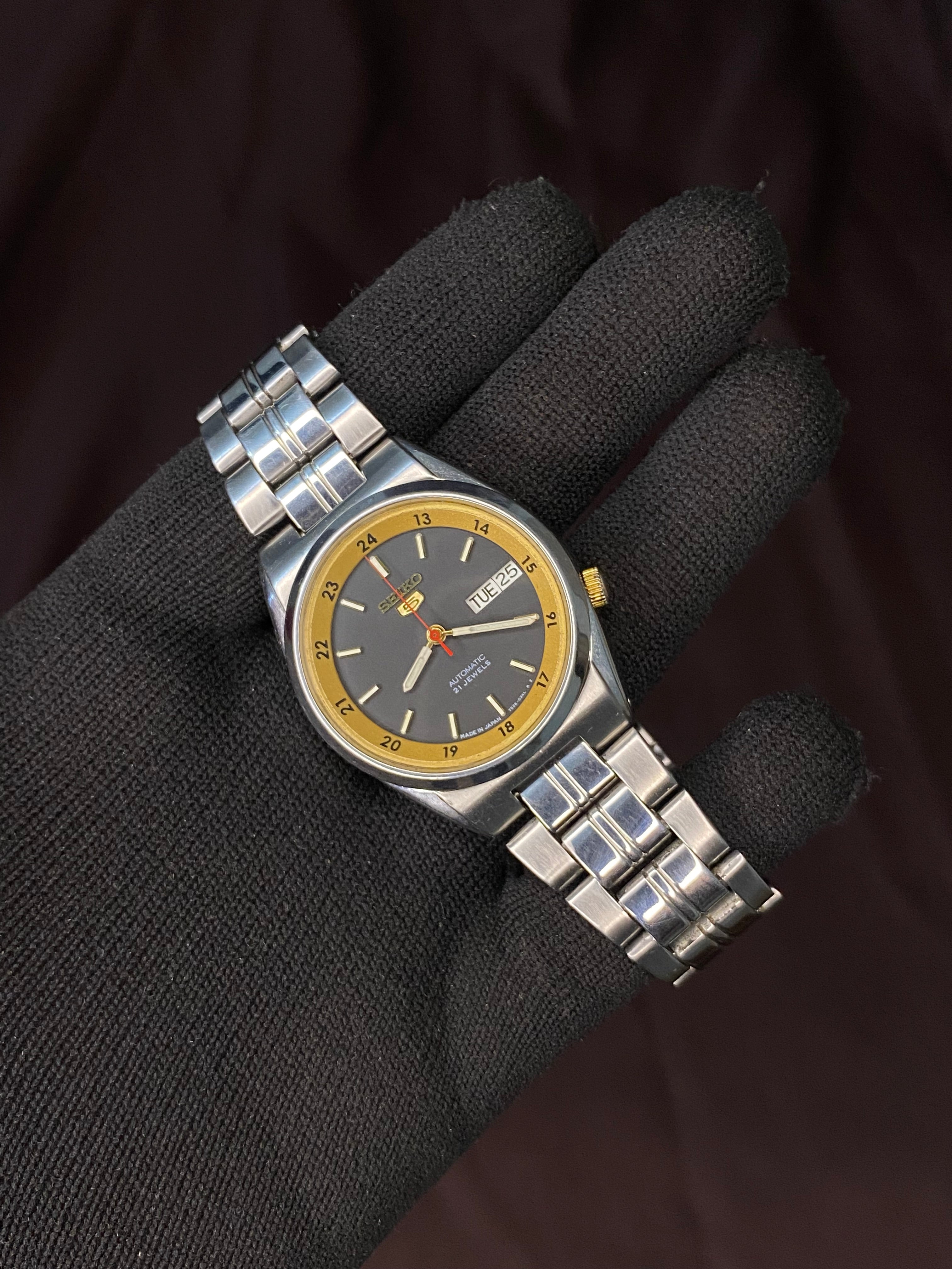 Seiko 5 Rare Black Golden Dial Railway time With Transparent back