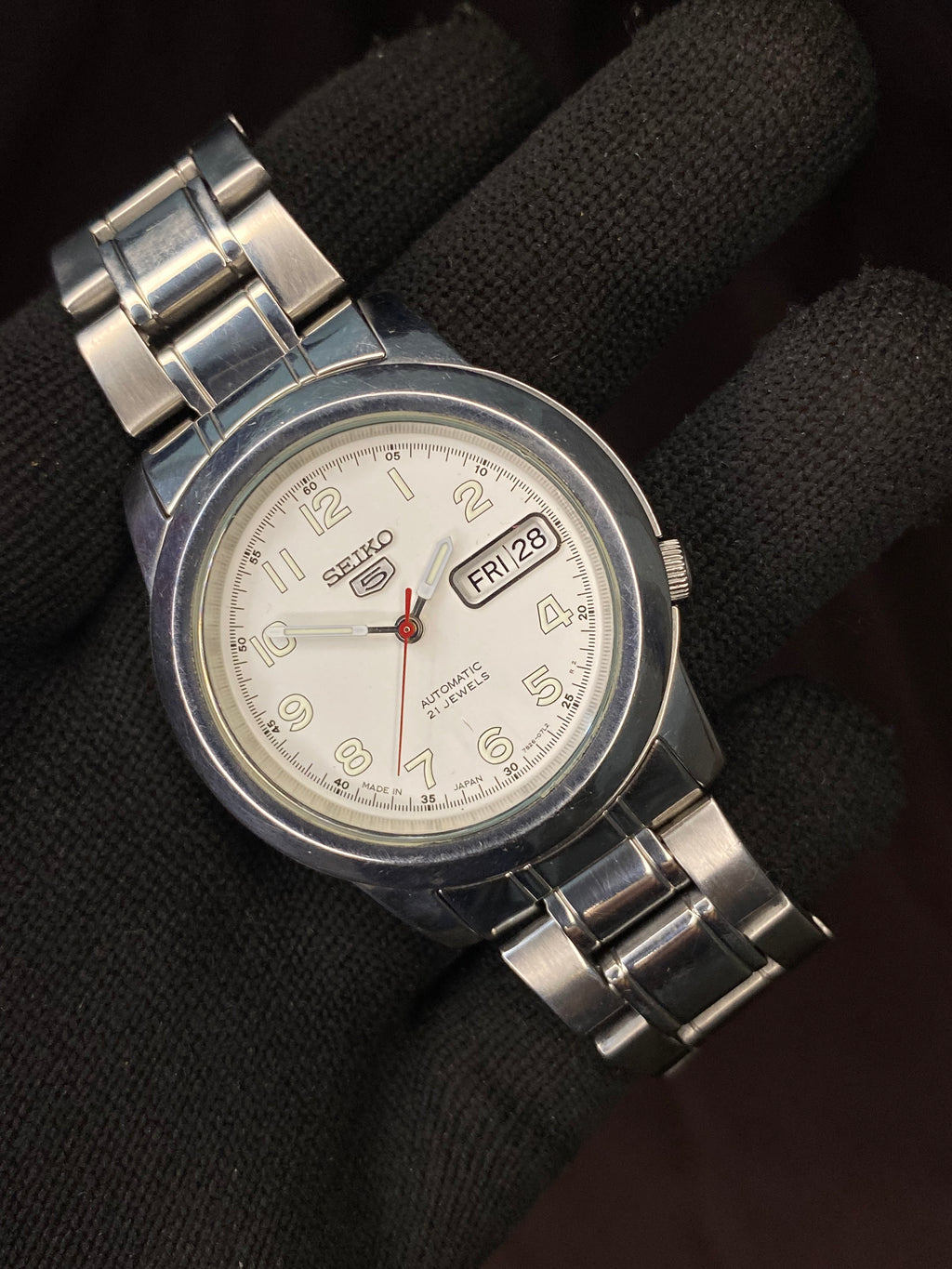 Seiko 5 White Military Dial Watch with Transparent Back