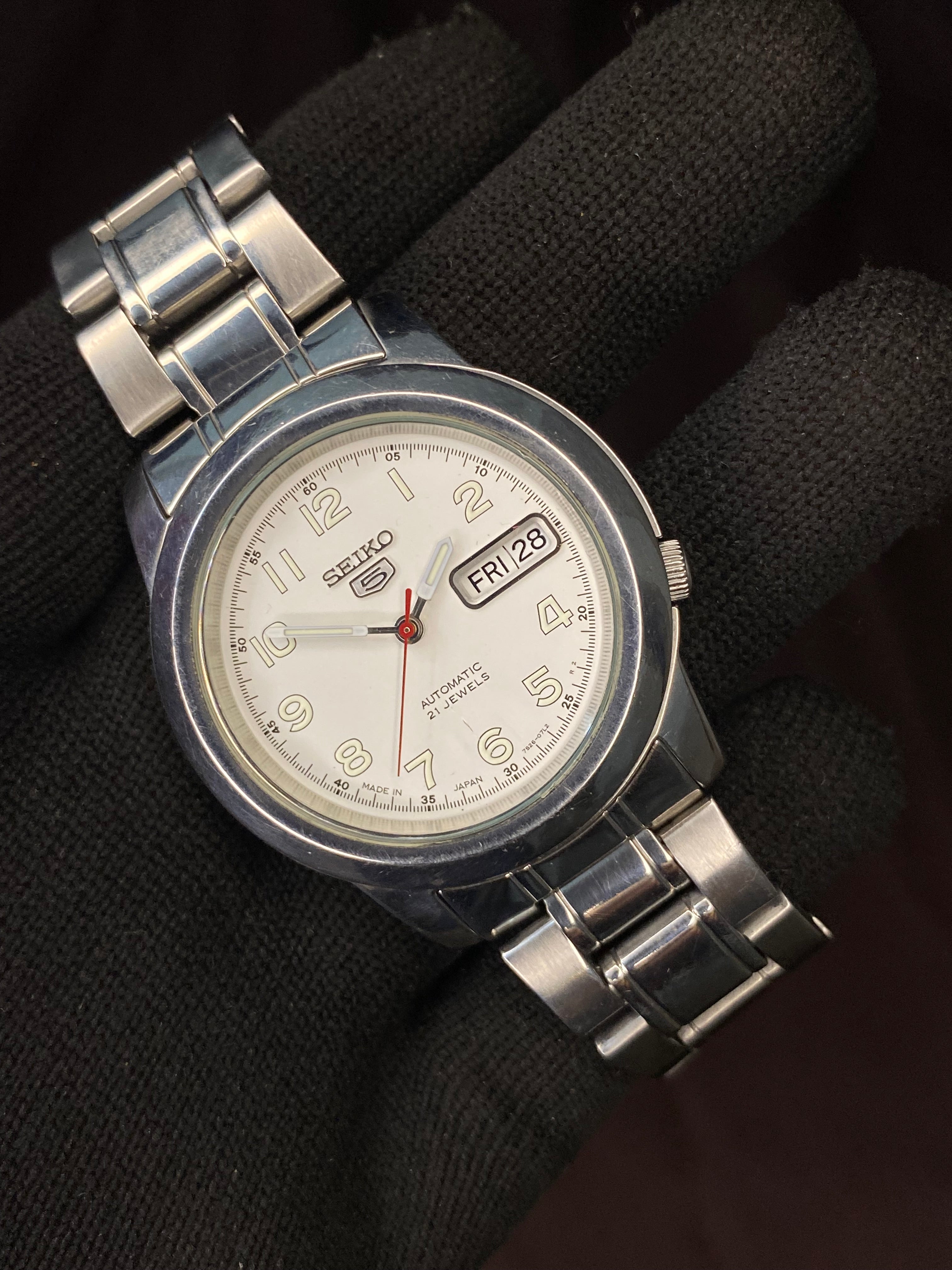 Seiko 5 White Military Dial Watch with Transparent Back