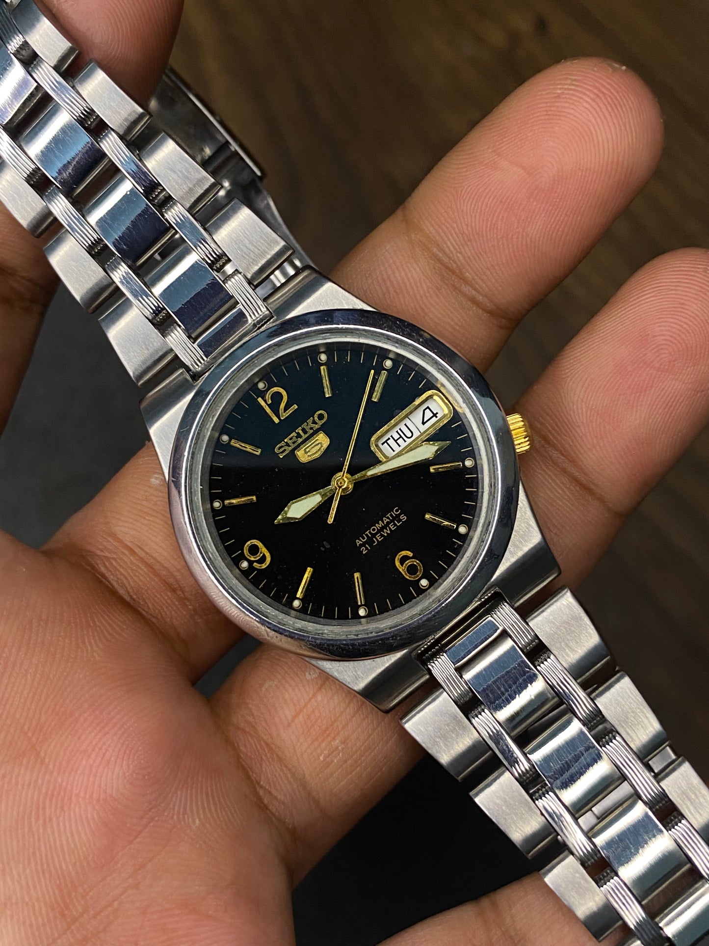Unique Seiko 5 “Explorer” Black Dial Watch with 6-9-12 Numeric & See-Through Back