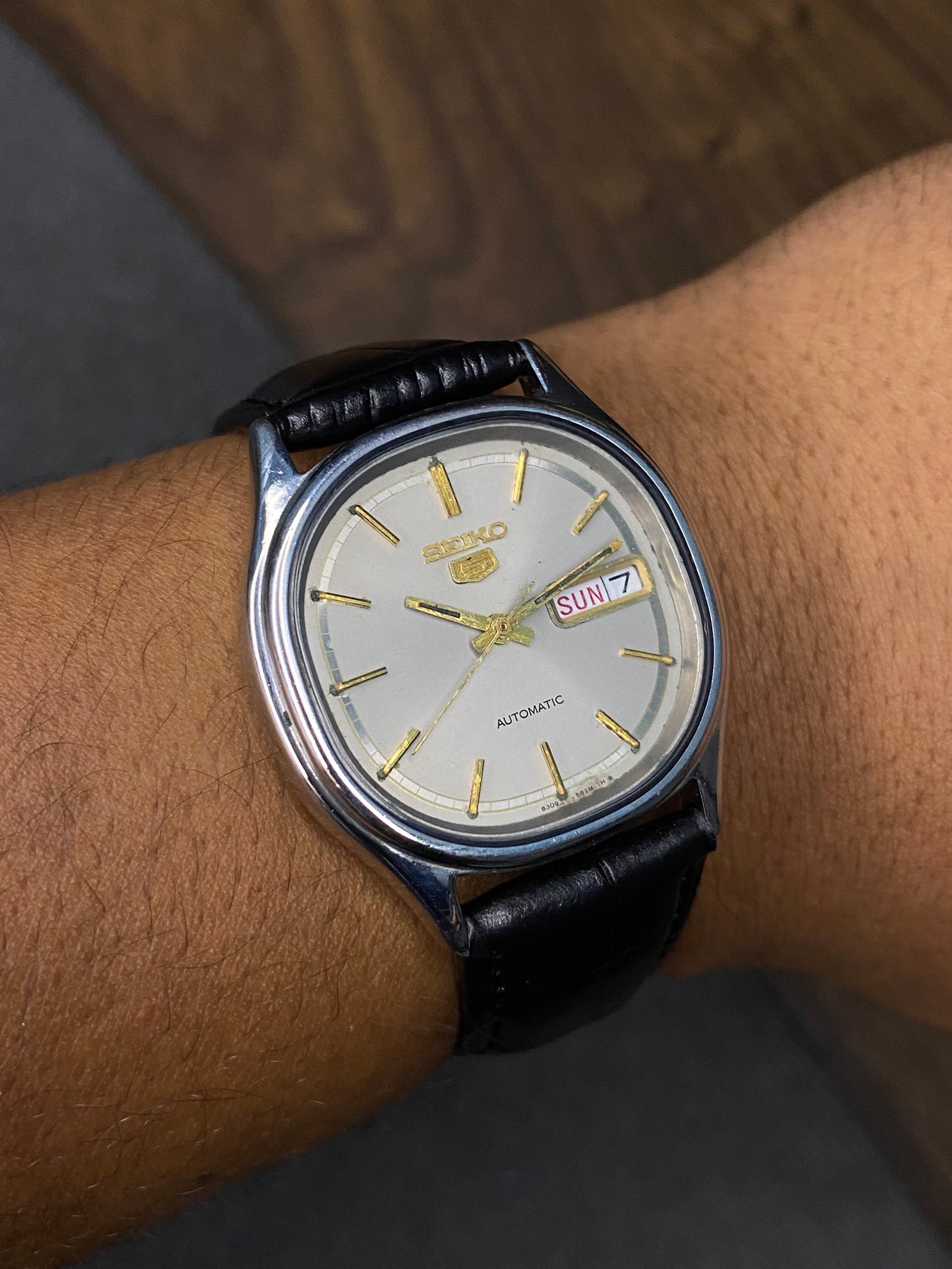 Super Rare Vintage Seiko 5 Tonneau-Shaped Grey Sunburst Dial Watch With leather Strap
