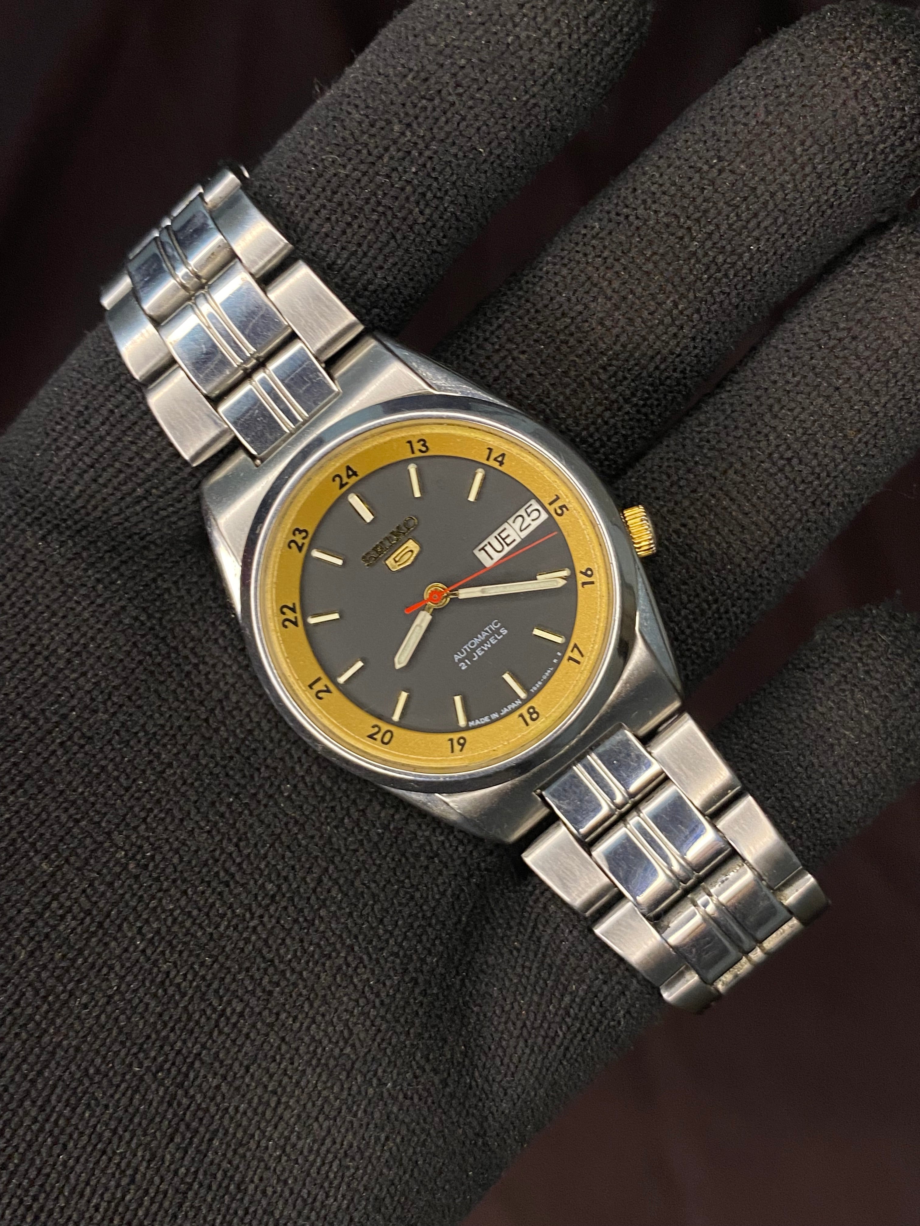 Seiko 5 Rare Black Golden Dial Railway time With Transparent back