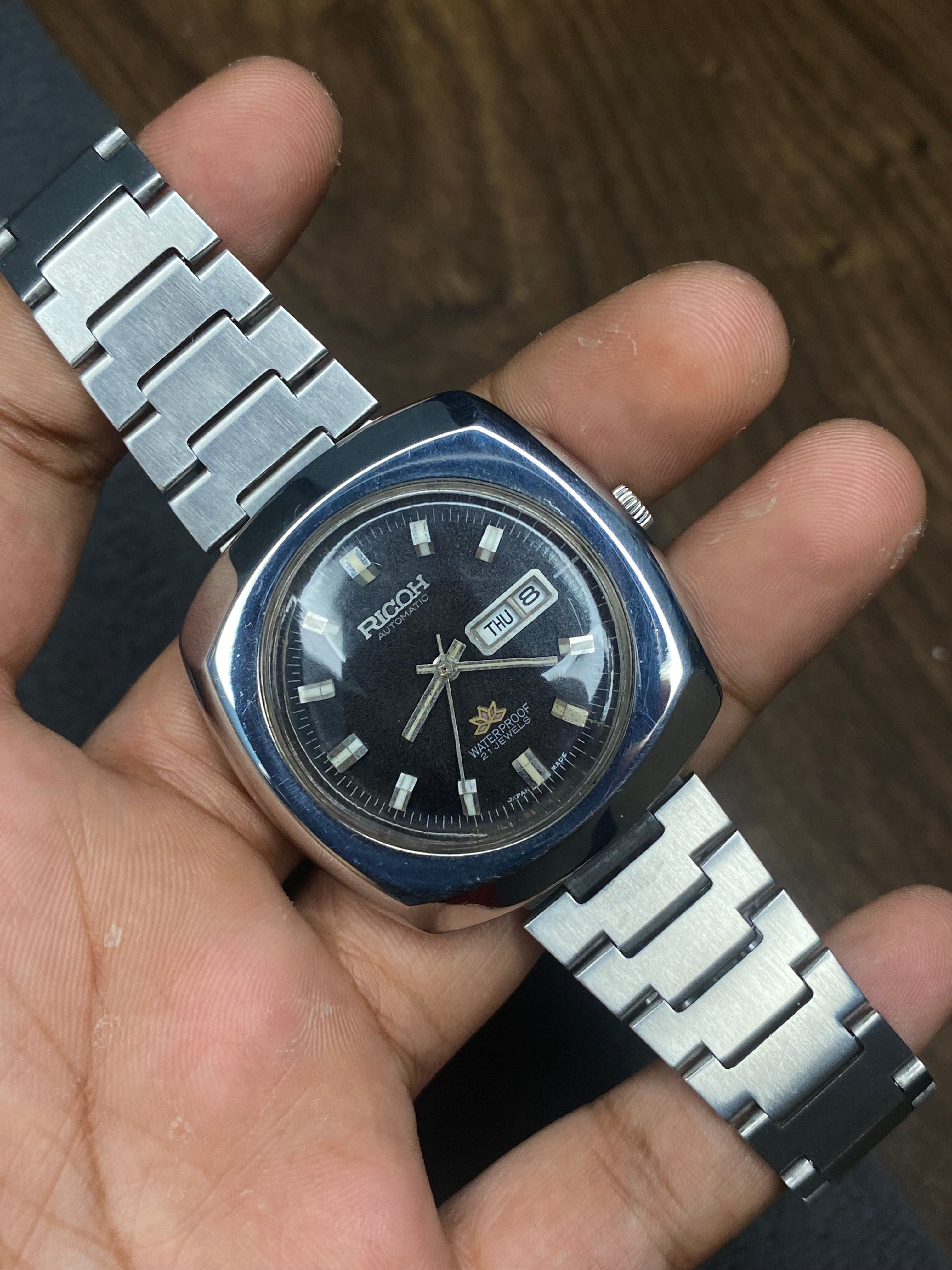Ricoh Automatic — Black Sunburst Dial | 70s “TV-Shape” Japanese Cushion Watch.