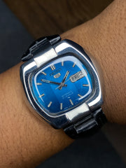 Super Rareee Seiko 5 Vintage TV “Ocean-blue” Sunburst Dial Watch With black leather strap.