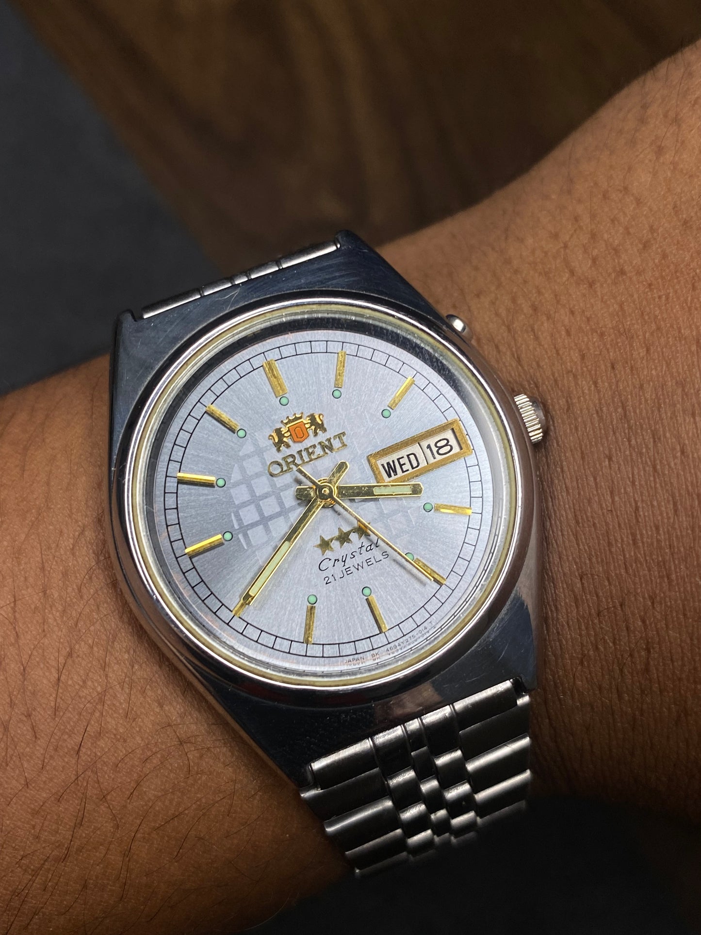 Super Rare Orient Tri-Star Crystal Silver Sunburst Checkered Pattern Dial Watch.