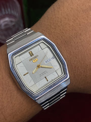 Seiko 5 “Silver Signal” — 6349 Textured Cushion Automatic watch.