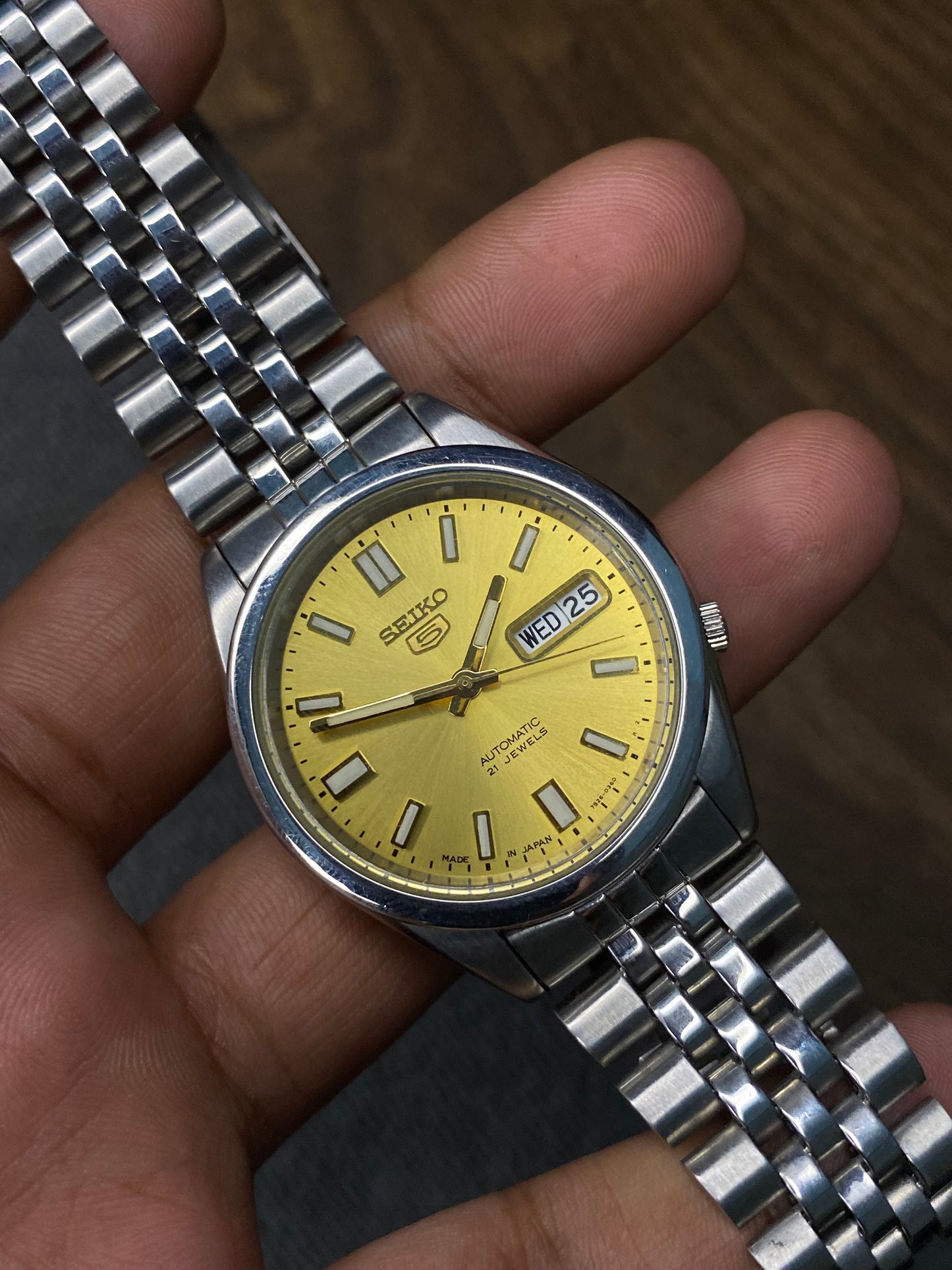 Beautiful Seiko 5 SNXS81 Golden Dial Watch With jubilee bracelet & See-Through Back