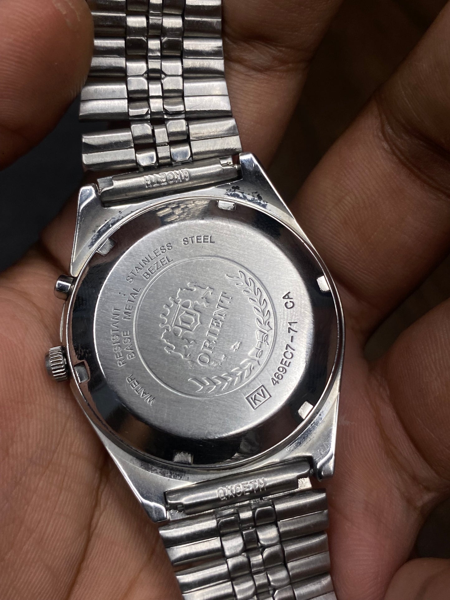 Super Rare Orient Tri-Star Crystal Silver Sunburst Checkered Pattern Dial Watch.