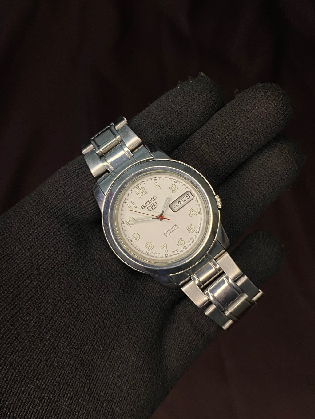 Seiko 5 White Military Dial Watch with Transparent Back