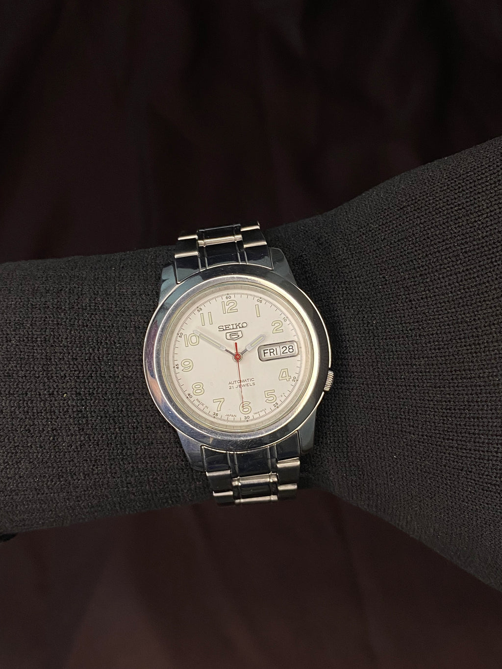 Seiko 5 White Military Dial Watch with Transparent Back