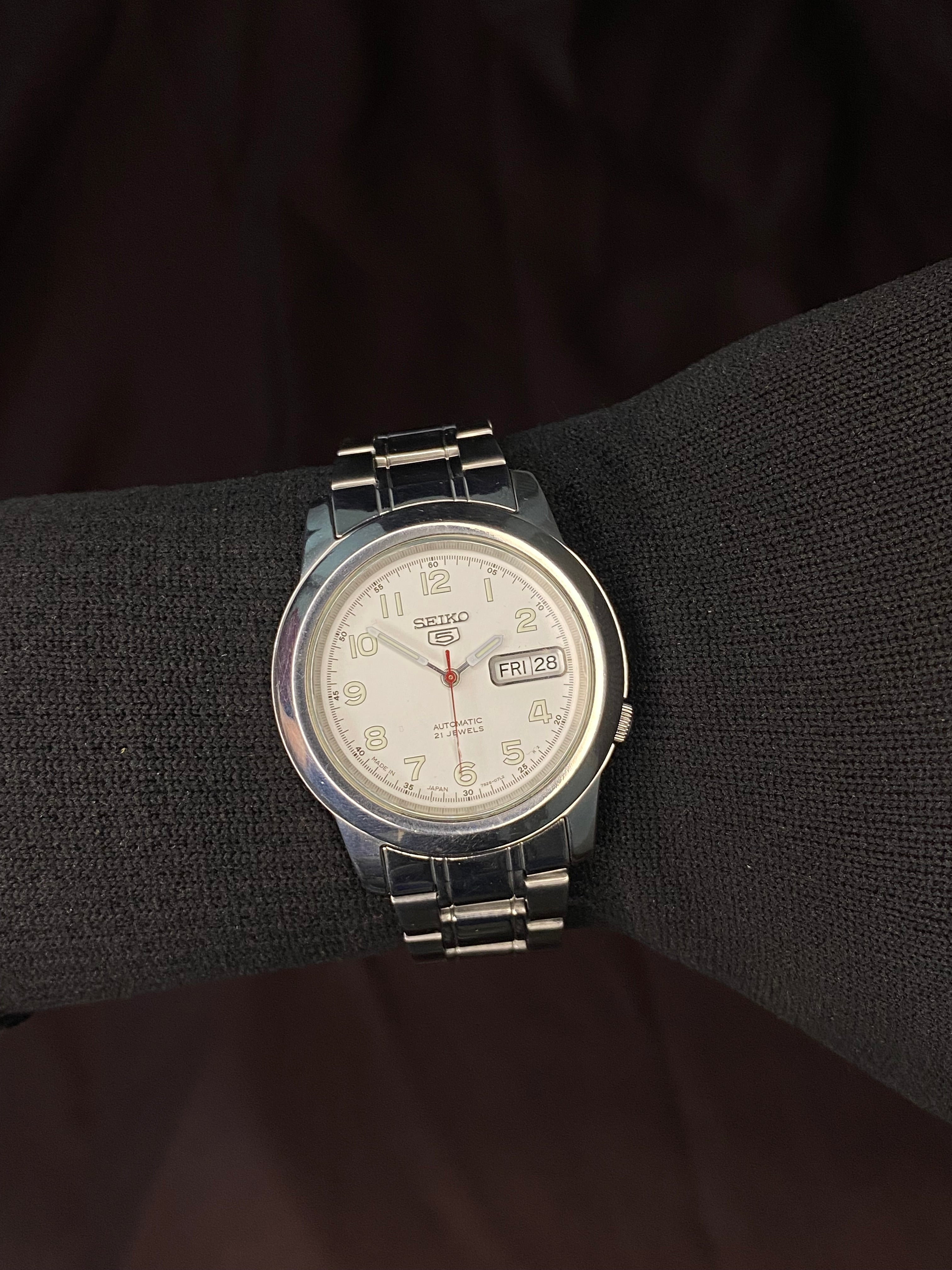 Seiko 5 White Military Dial Watch with Transparent Back