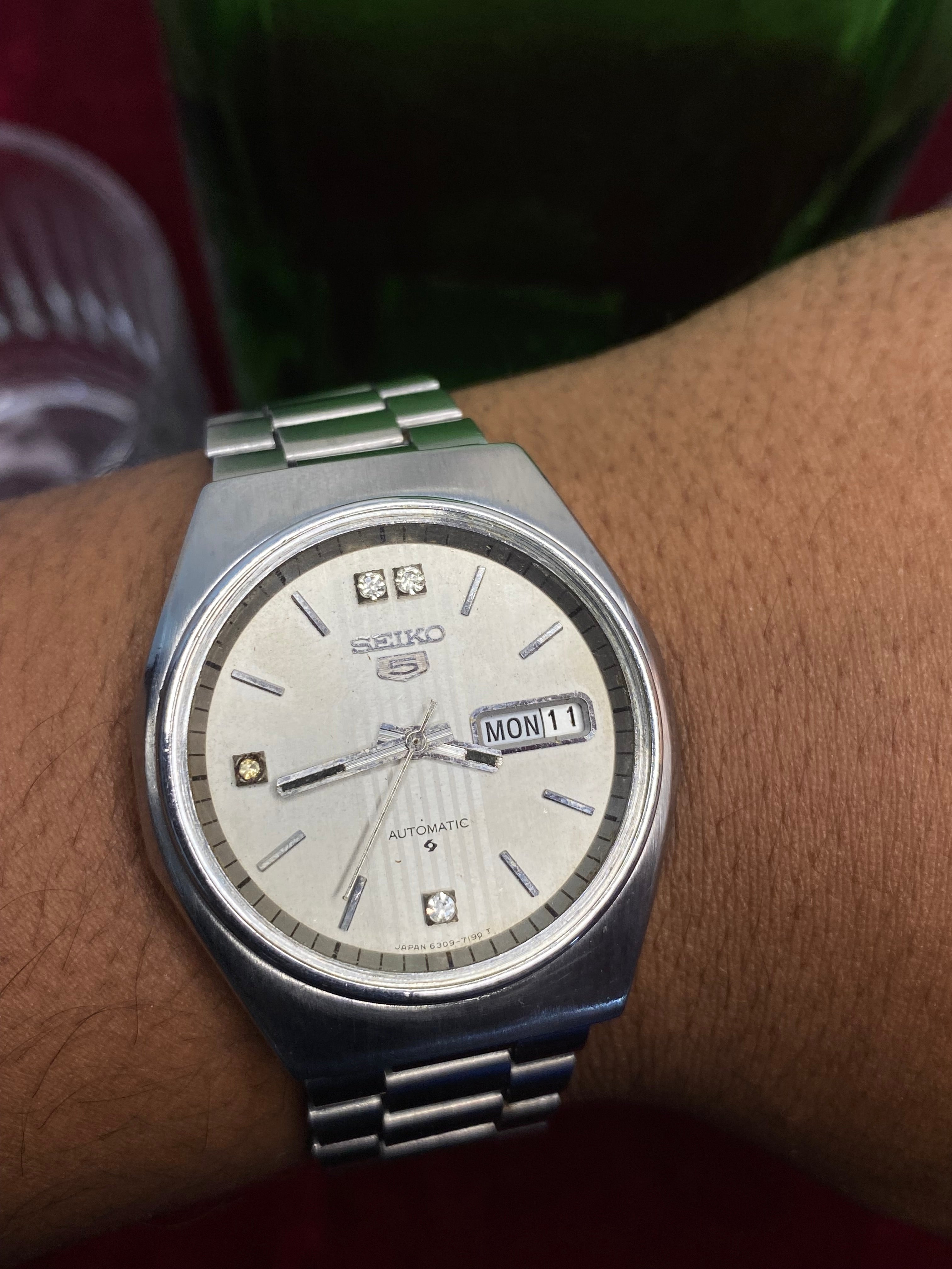 Seiko 5 — Silver Striped Dial with Crystal Accents | 38mm Japanese Automatic Watch.