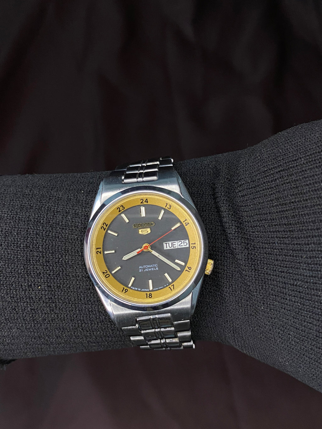 Seiko 5 Rare Black Golden Dial Railway time With Transparent back
