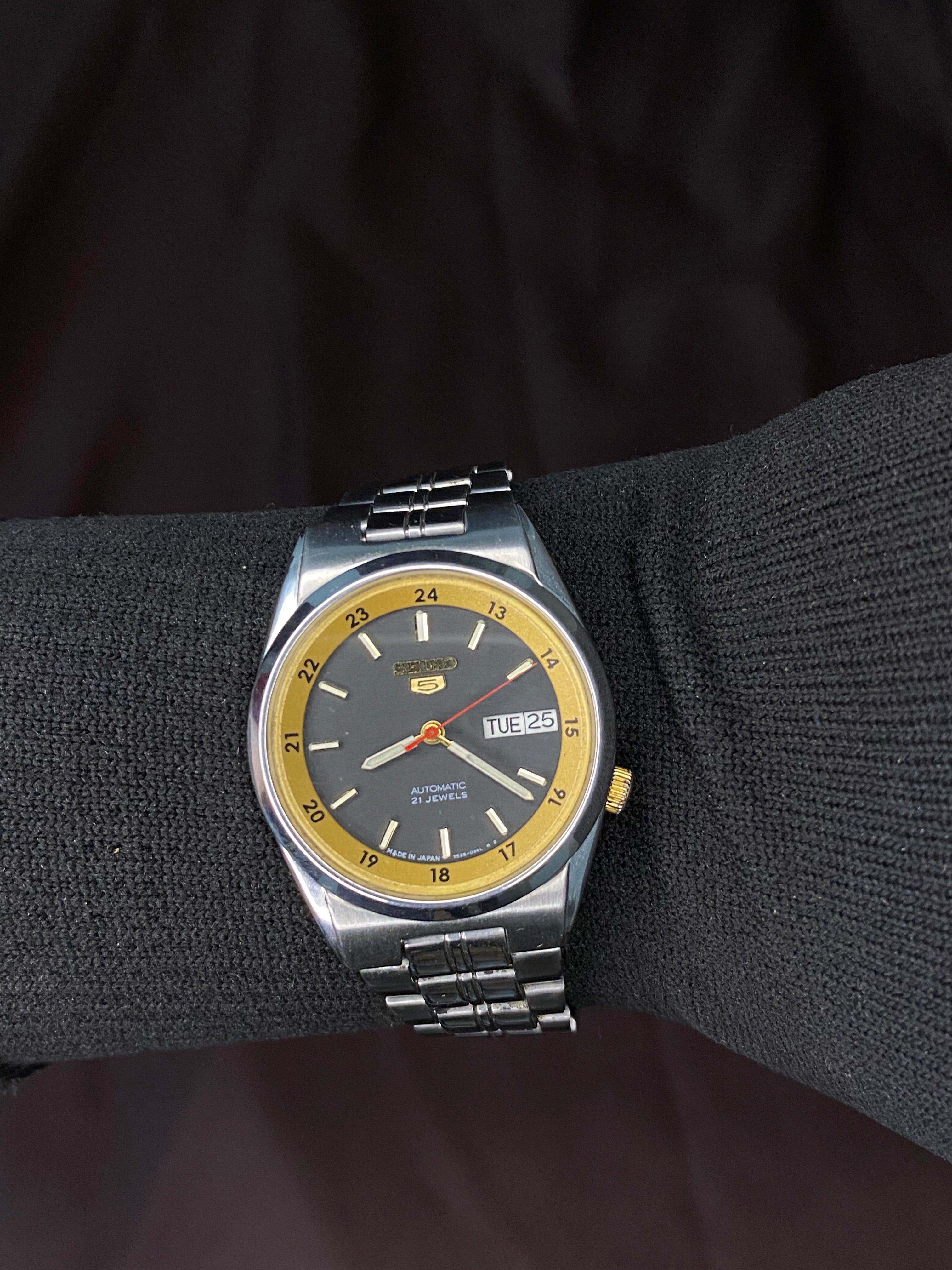 Seiko 5 Rare Black Golden Dial Railway time With Transparent back