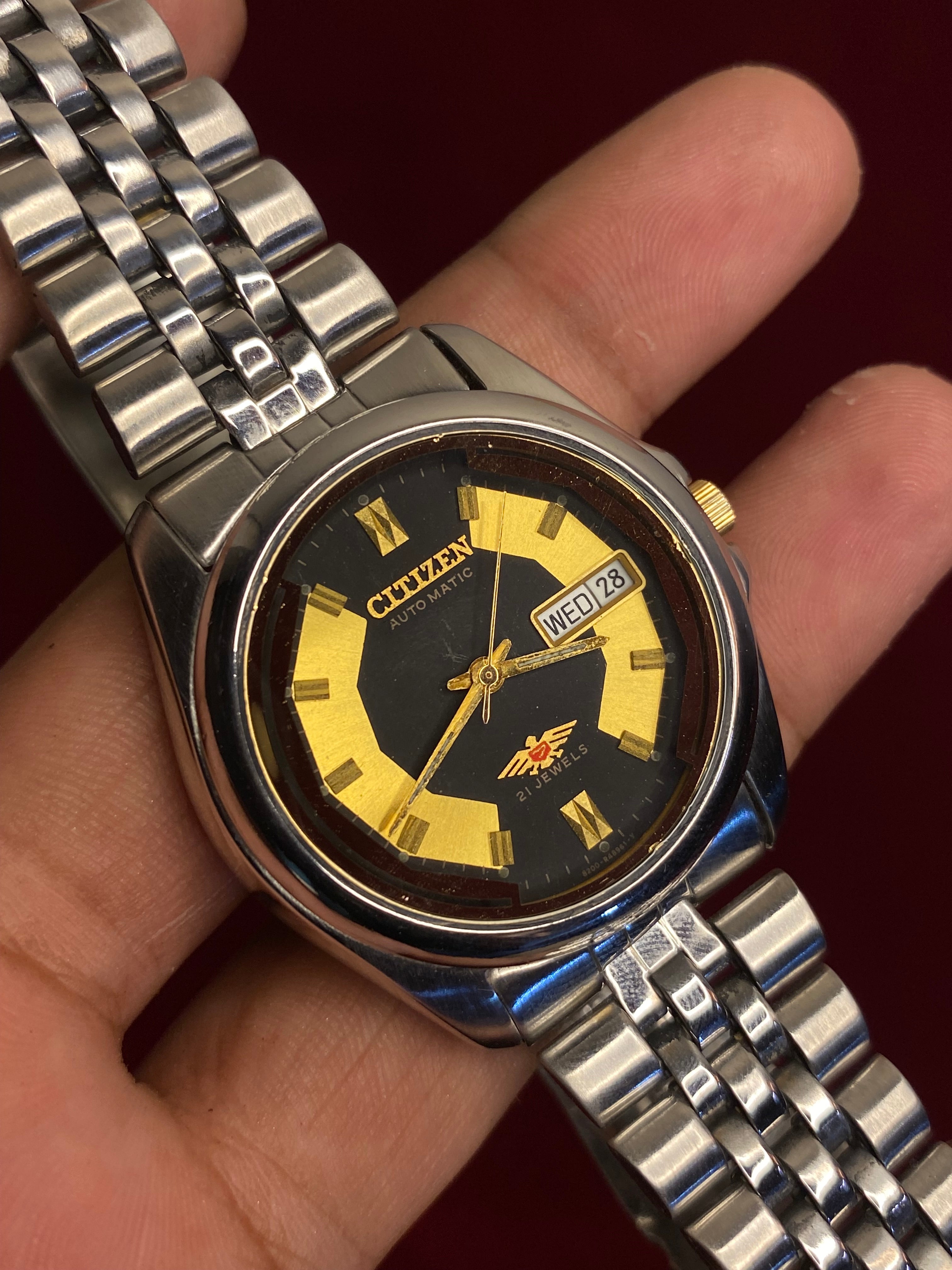 Citizen Eagle 7 Automatic — Black & Gold Motif Dial Watch.