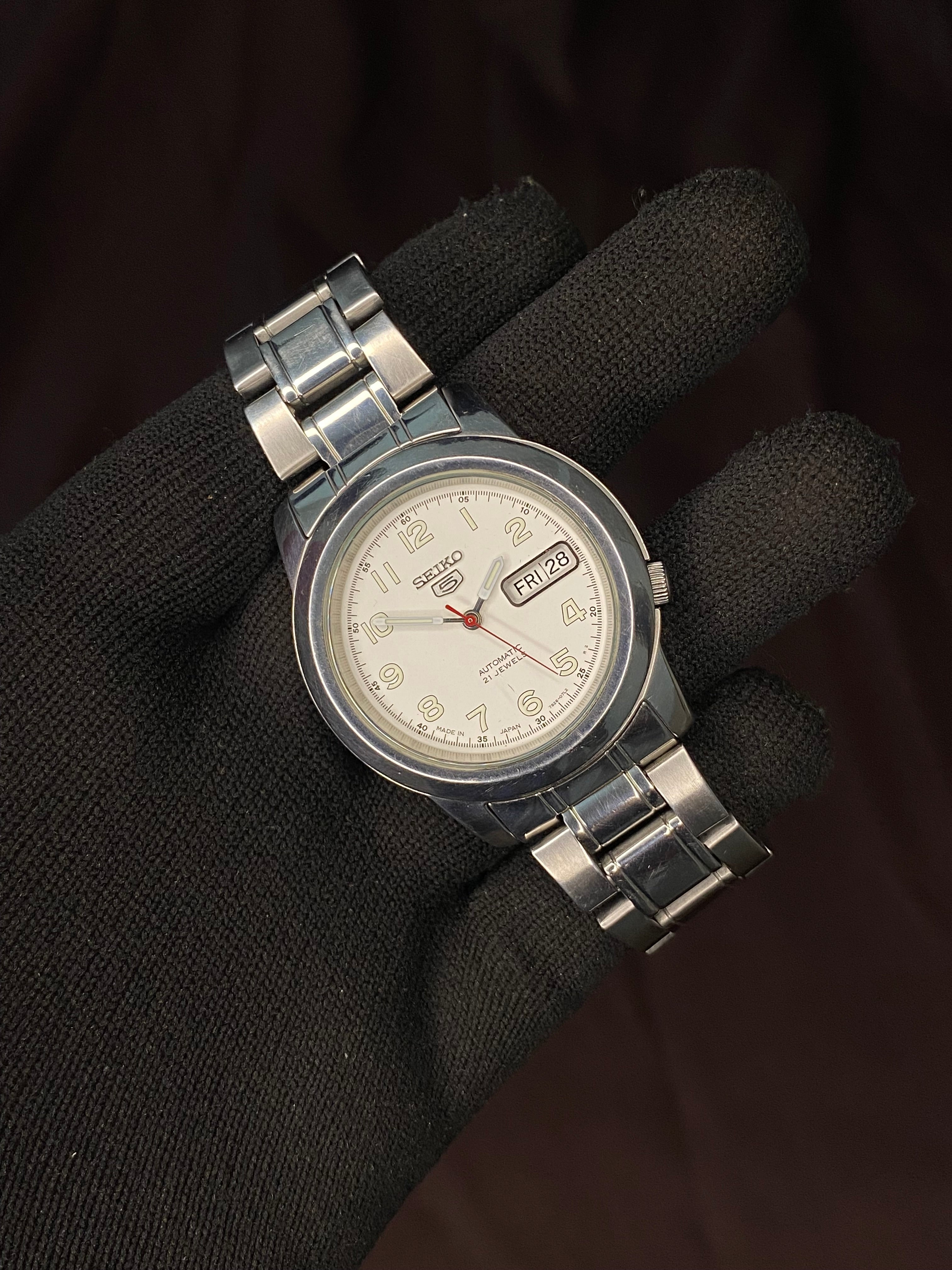 Seiko 5 White Military Dial Watch with Transparent Back