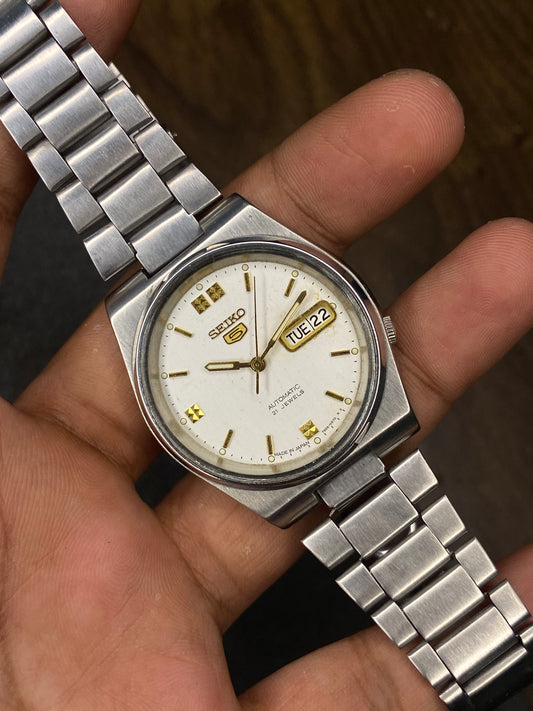Vintage Seiko 5 White Dial Watch With See-Through Back