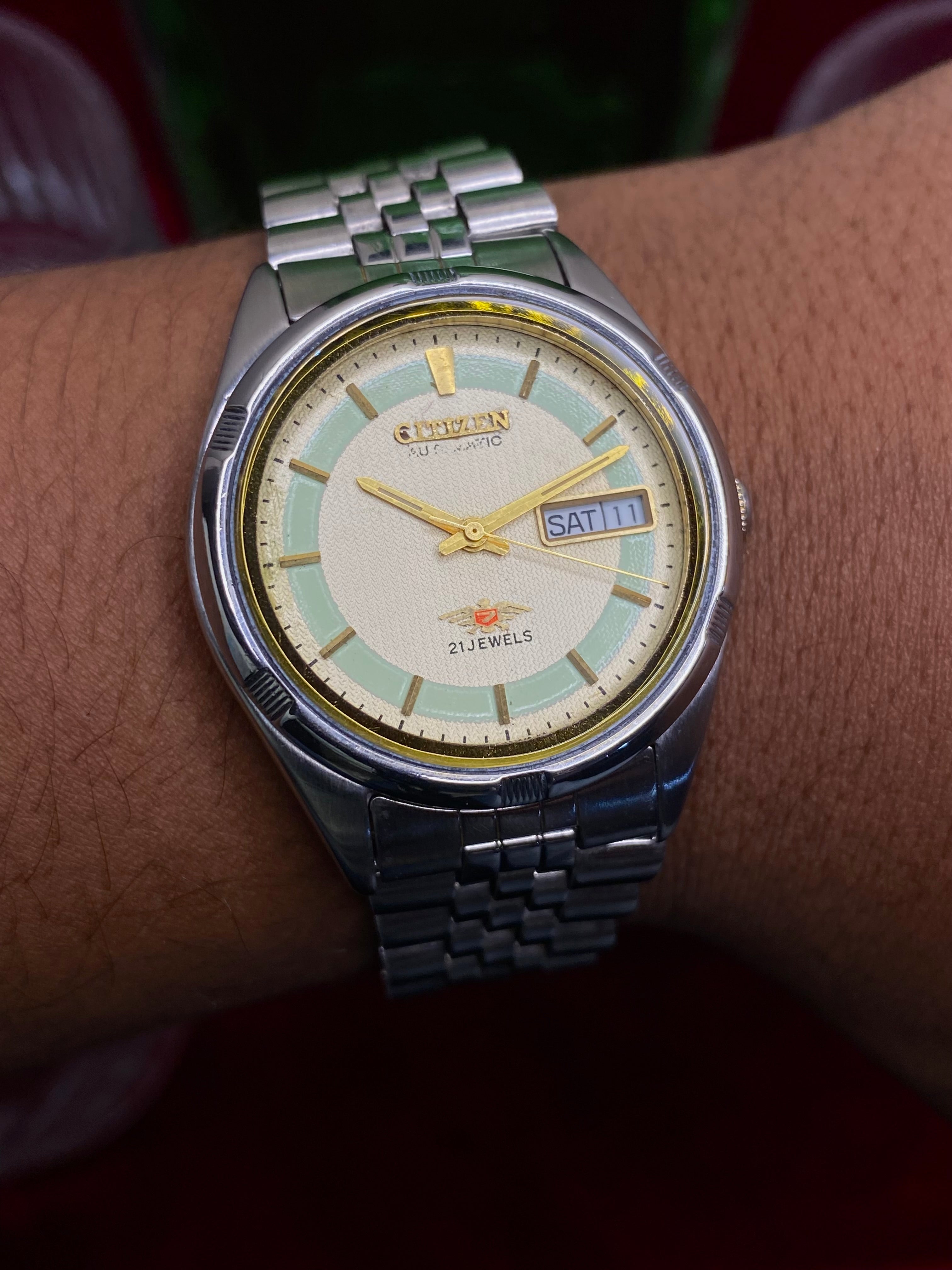 Citizen Automatic “Mint & Cream” — 8200 Two-Tone Dial Watch with Exhibition back.