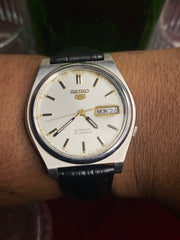 Vintage Seiko 5 Automatic White Dial Watch | Black Leather Strap | Ref. 7S26-0390 | Made in Japan