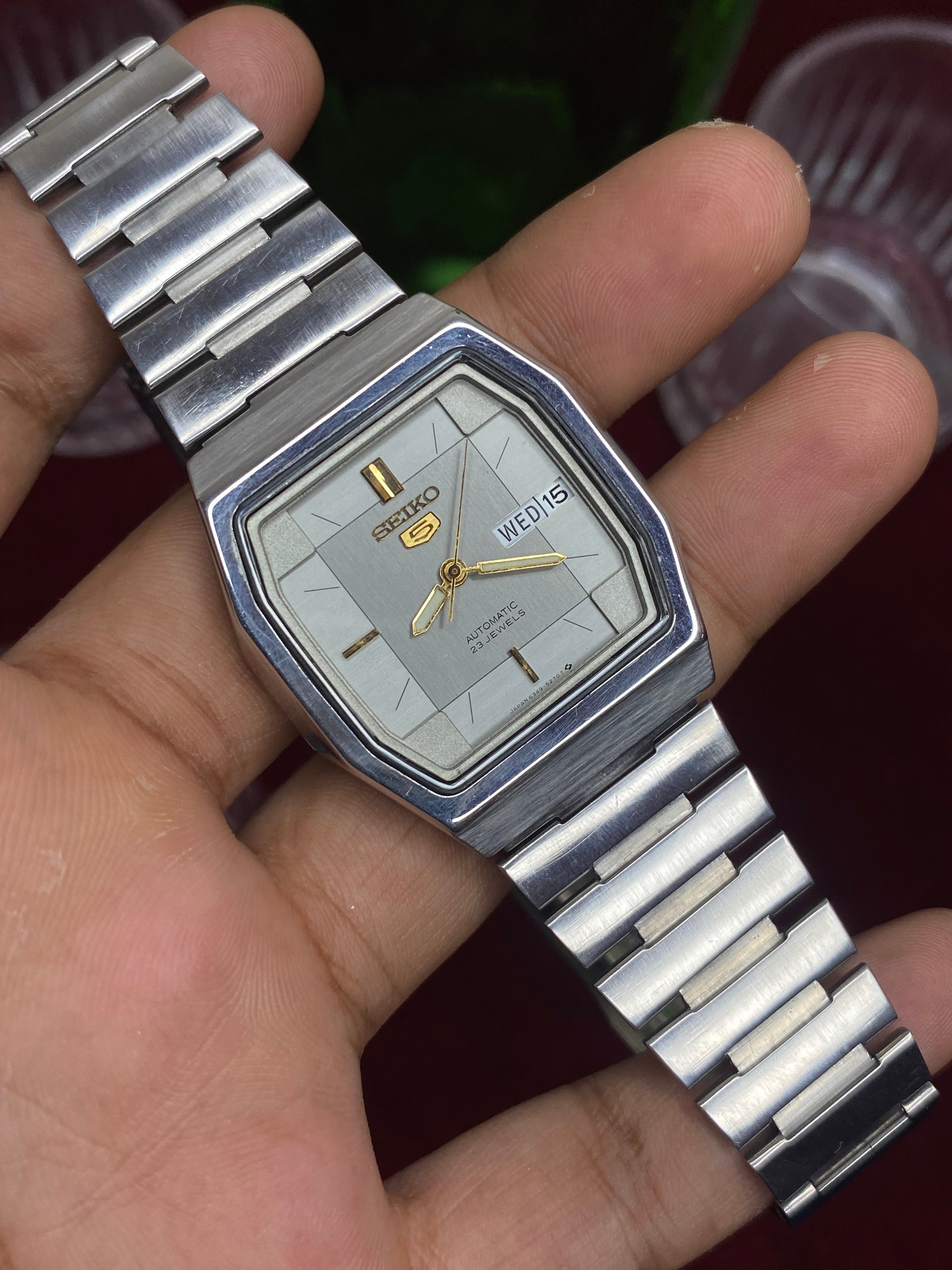 Seiko 5 “Silver Signal” — 6349 Textured Cushion Automatic watch.