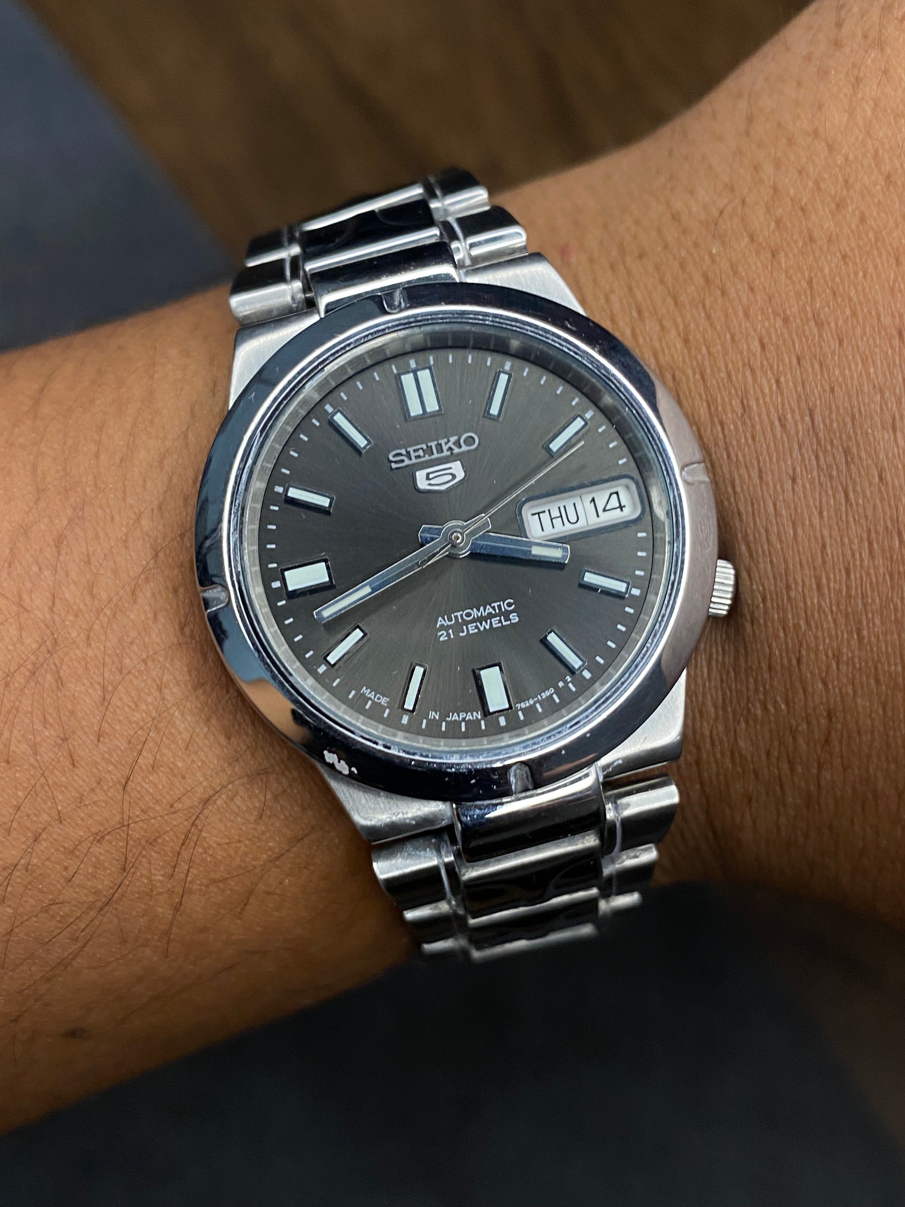 Seiko 5 — Dark Grey Sunburst Dial | 36mm Automatic with Exhibition Back Watch.