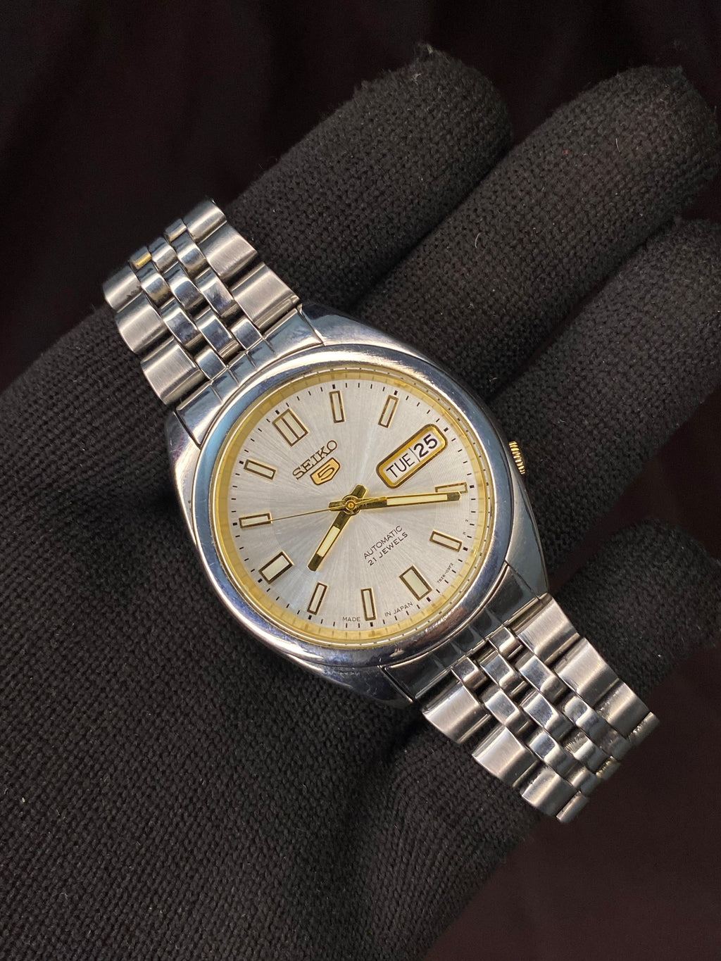 Seiko 5 White Gold Sunburst Dial with Transparent back