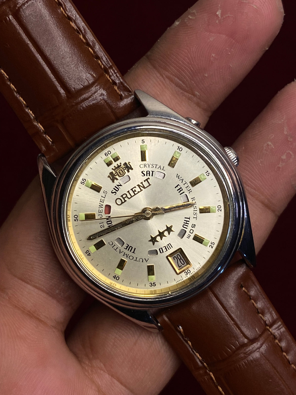 Orient 3-Star Crystal Automatic — Champagne Dial, Rotating Day Ring | Ref. EM5J-A0 | 21 Jewels | 38mm