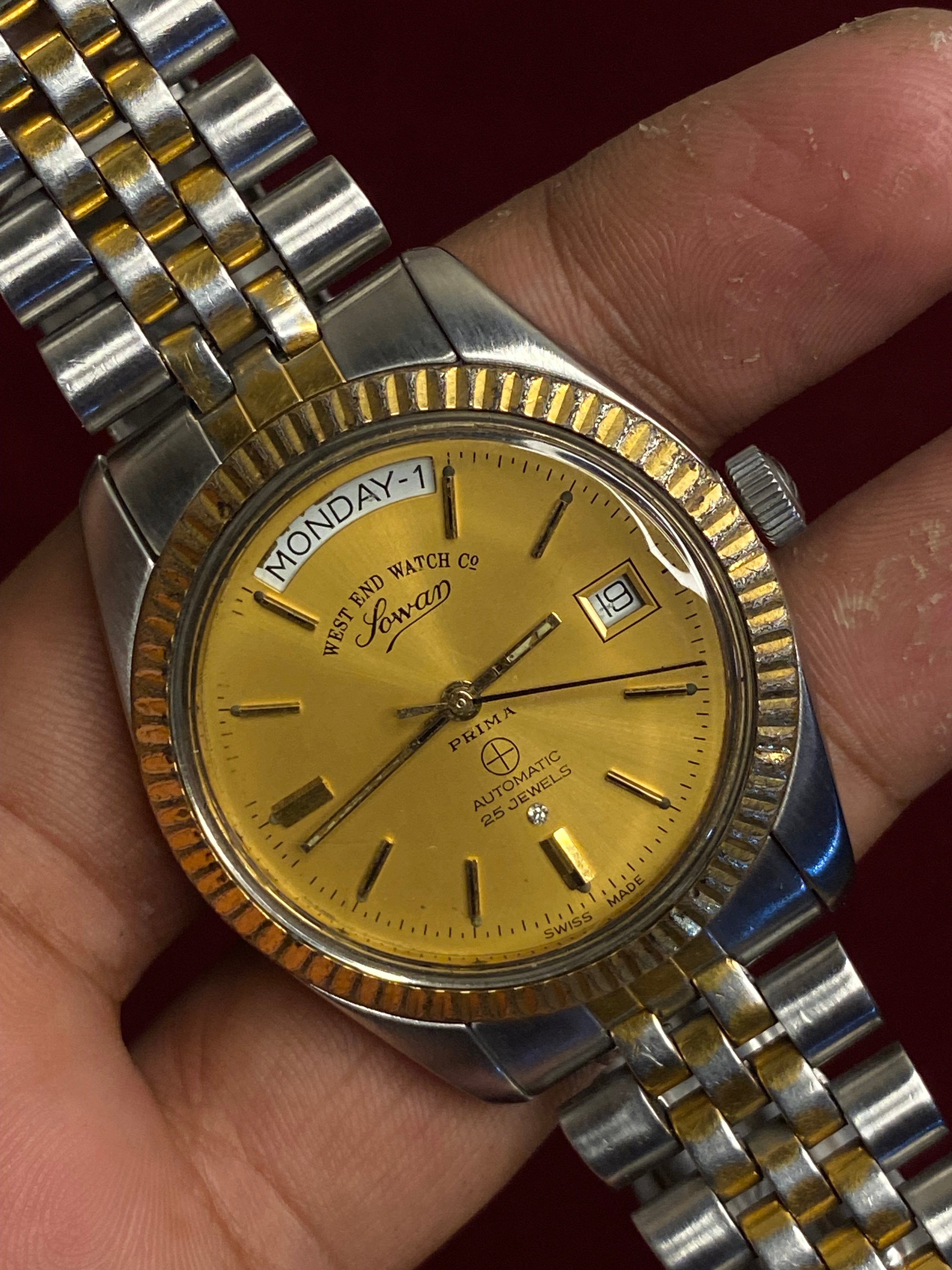 West End Watch Co. Sowar Prima President— Champagne Sunburst Dial, 25 Jewels, Day-Date | Ref. K-5028 | 38mm Swiss Made.