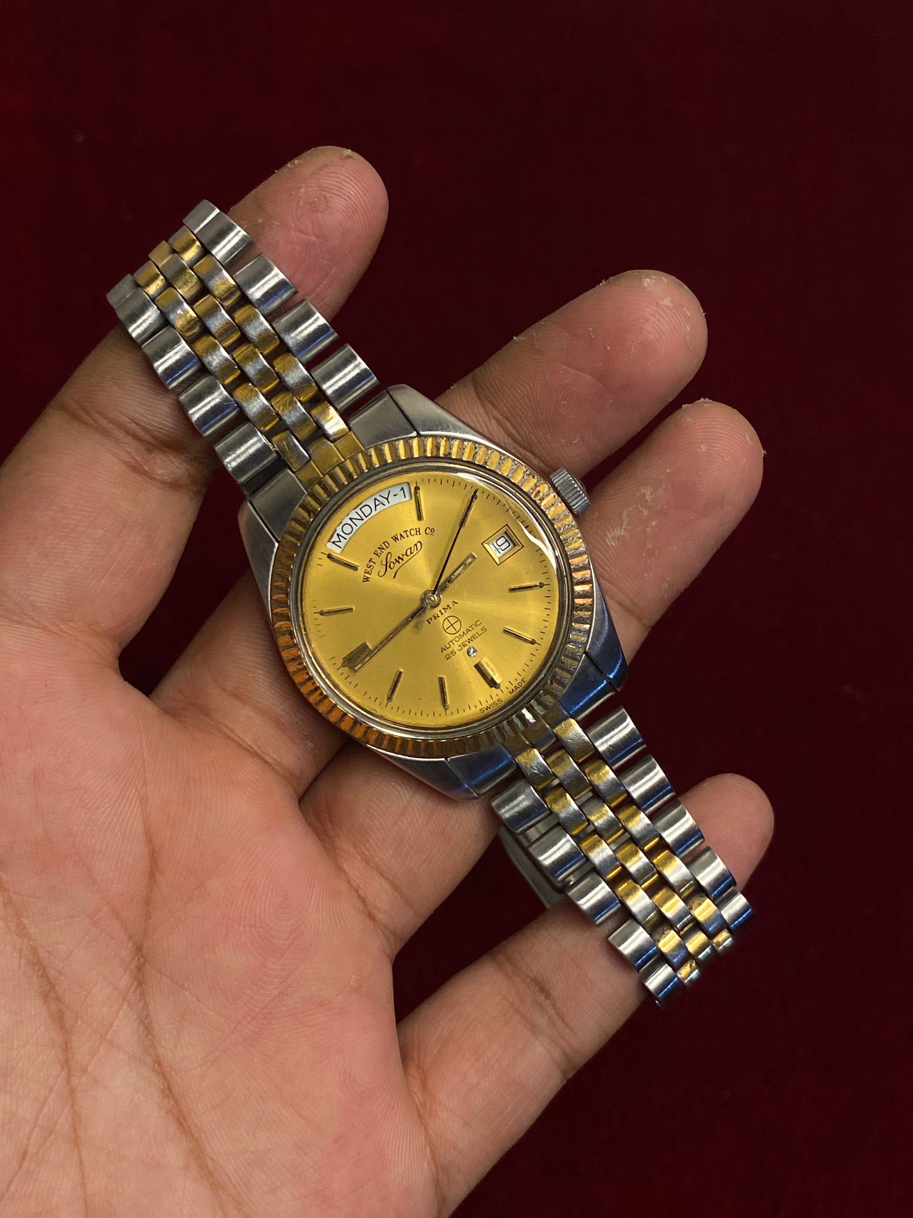 West End Watch Co. Sowar Prima President— Champagne Sunburst Dial, 25 Jewels, Day-Date | Ref. K-5028 | 38mm Swiss Made.