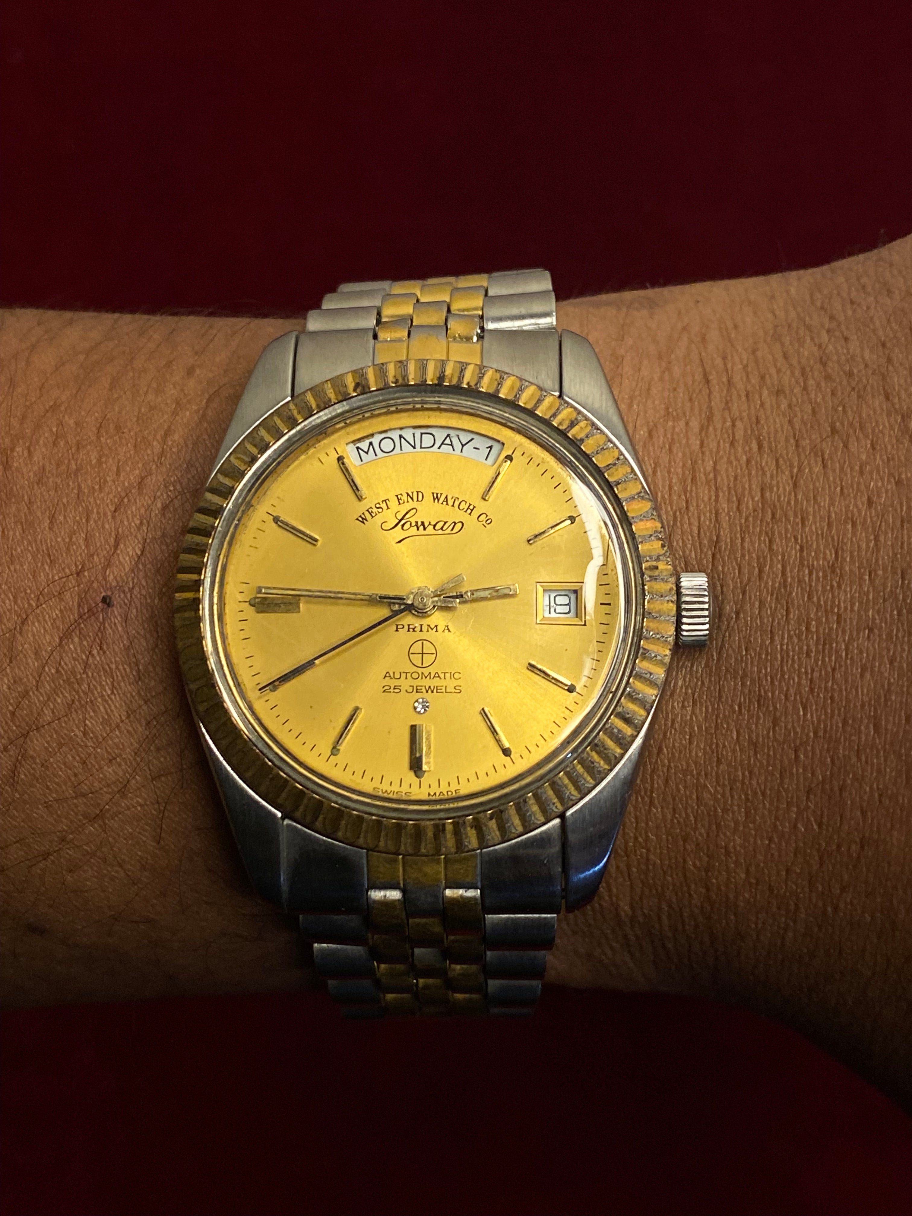 West End Watch Co. Sowar Prima President— Champagne Sunburst Dial, 25 Jewels, Day-Date | Ref. K-5028 | 38mm Swiss Made.