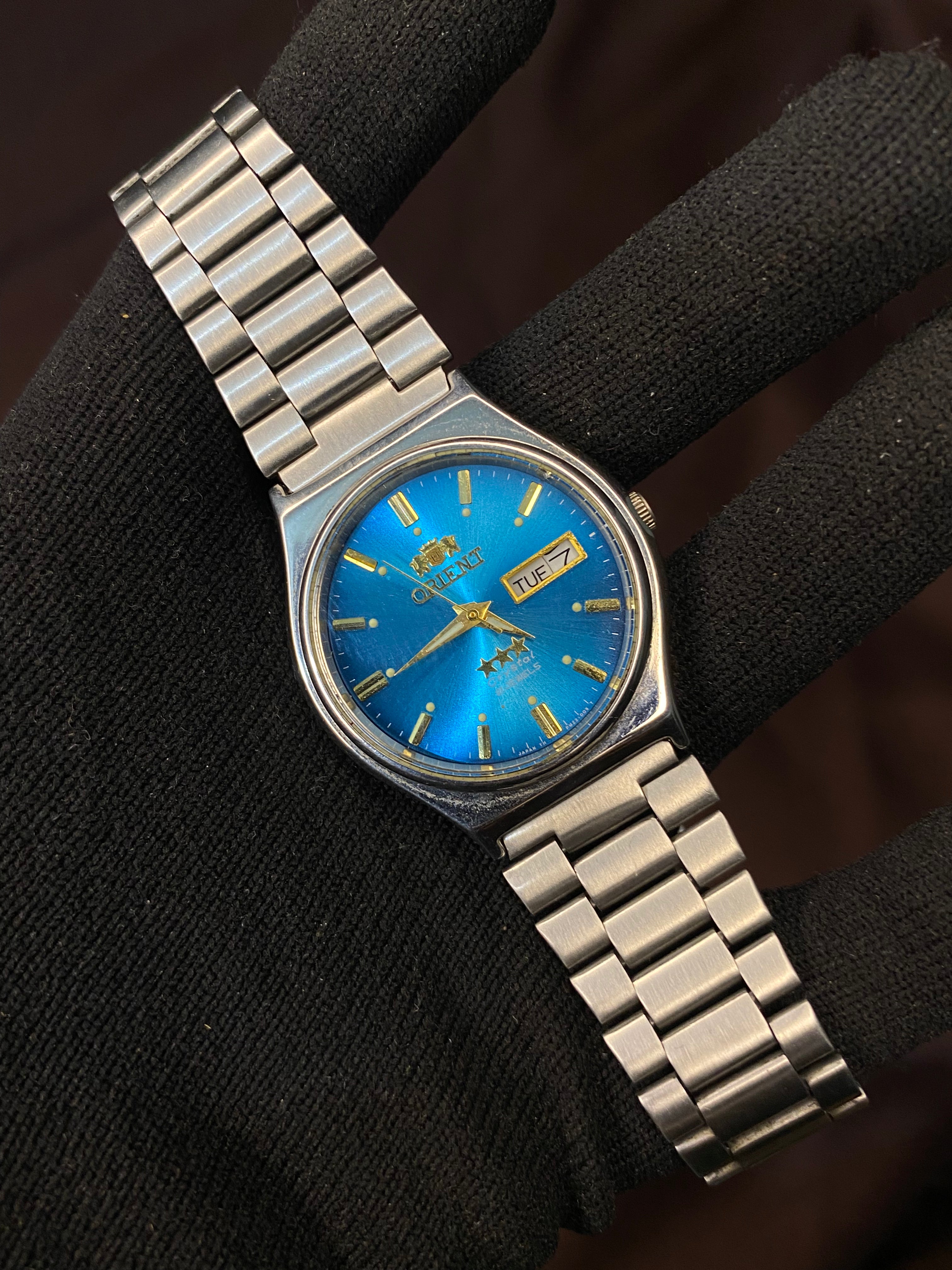 Orient Tri-Star Crystal Sunburst Blue Dial Watch