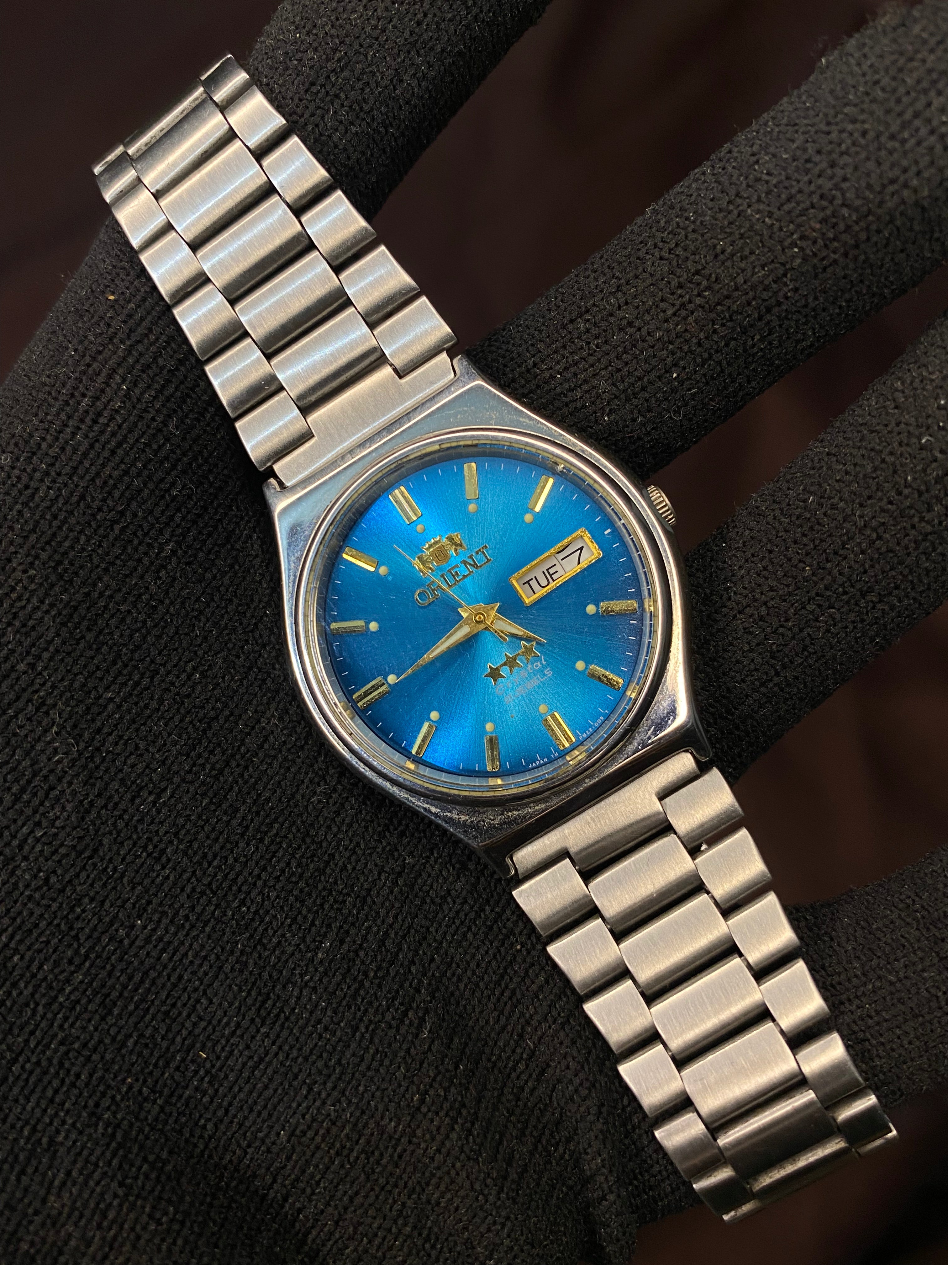 Orient Tri-Star Crystal Sunburst Blue Dial Watch