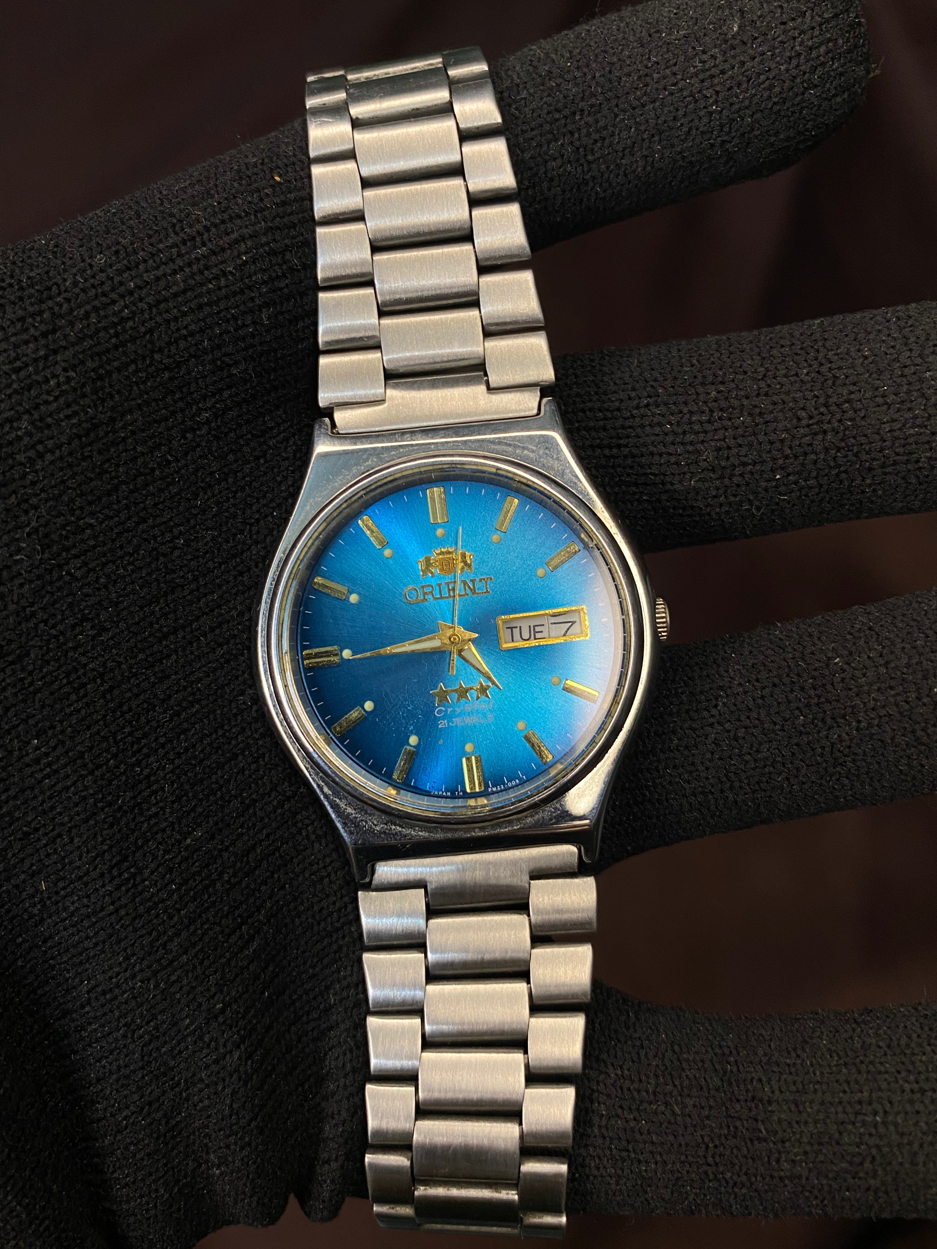 Orient Tri-Star Crystal Sunburst Blue Dial Watch