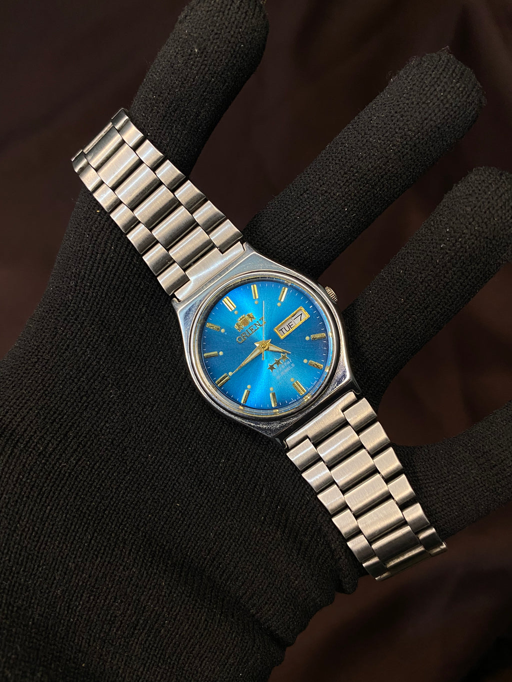 Orient Tri-Star Crystal Sunburst Blue Dial Watch